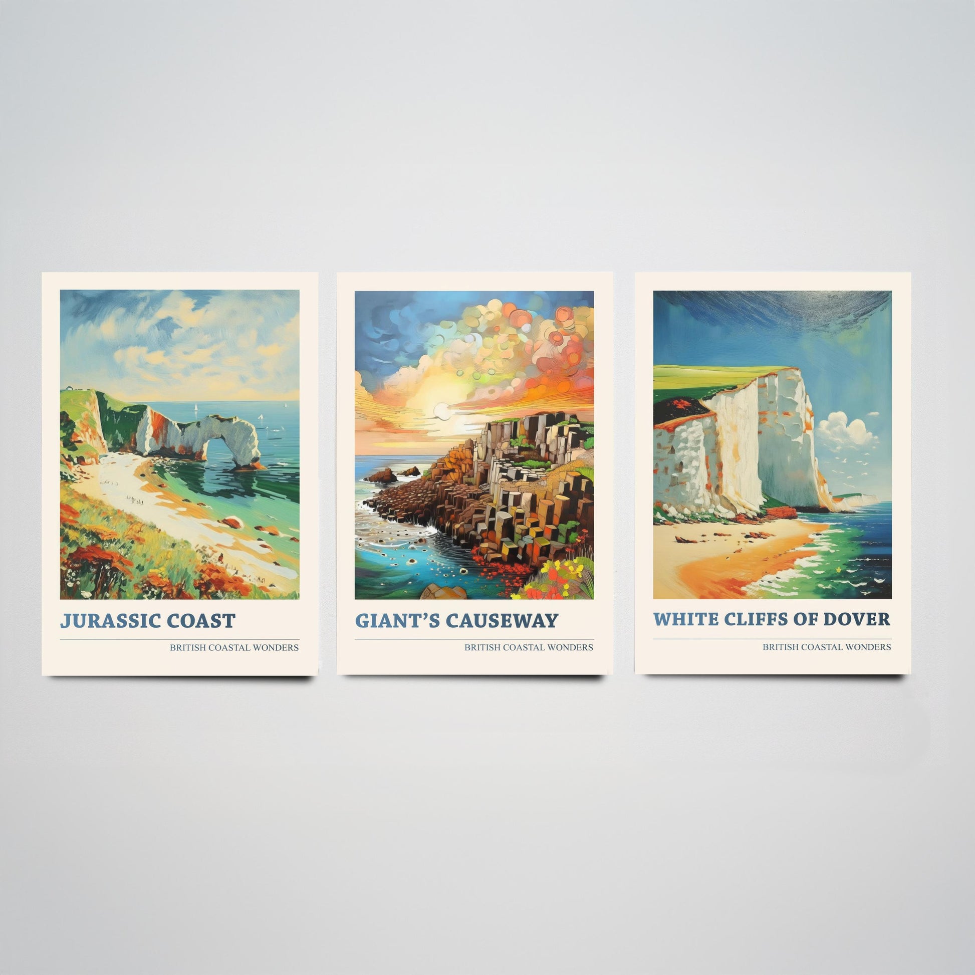 British Coastal Wonders Set of Three Art Prints - Jurassic Coast, Giants Causeway, White Cliffs of Dover - Coastal Painting Poster