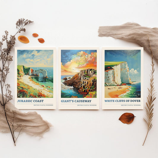 British Coastal Wonders Set of Three Art Prints - Jurassic Coast, Giants Causeway, White Cliffs of Dover - Coastal Painting Poster