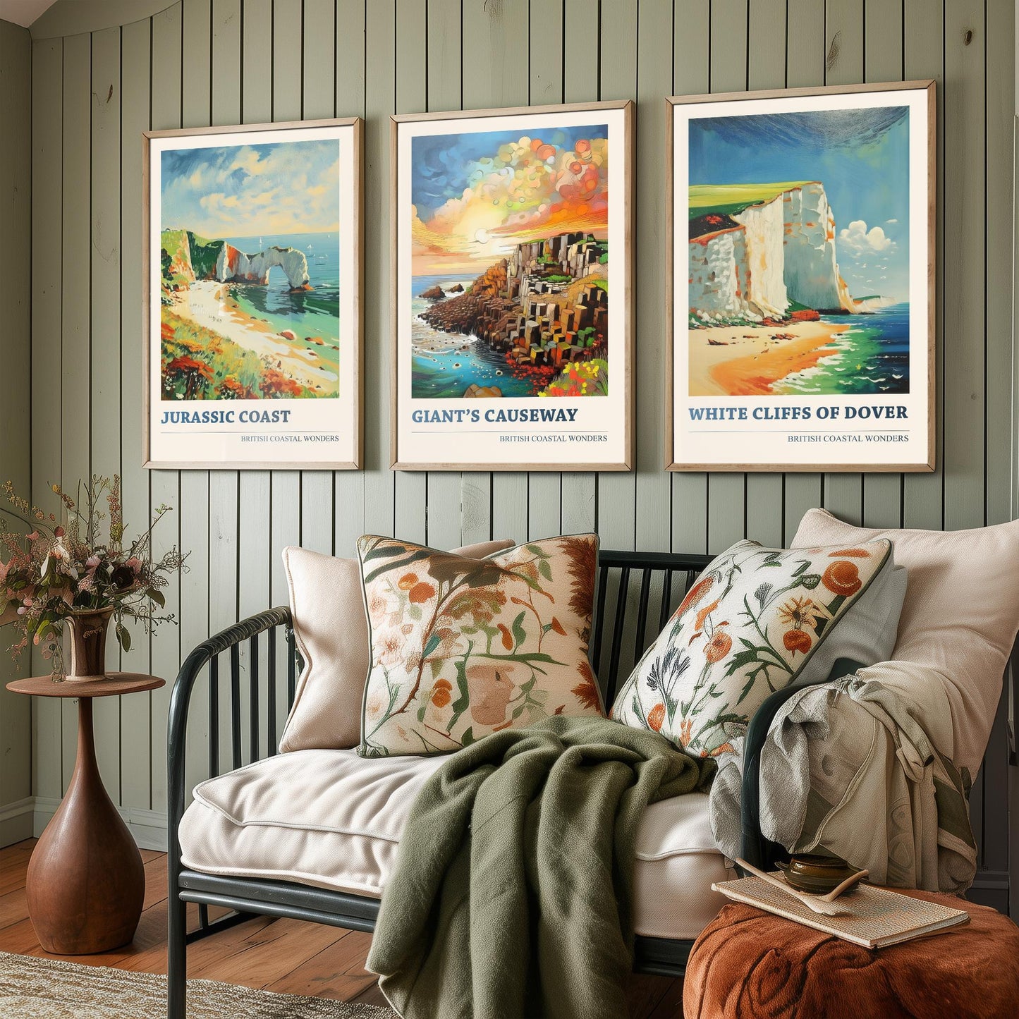British Coastal Wonders Set of Three Art Prints - Jurassic Coast, Giants Causeway, White Cliffs of Dover - Coastal Painting Poster