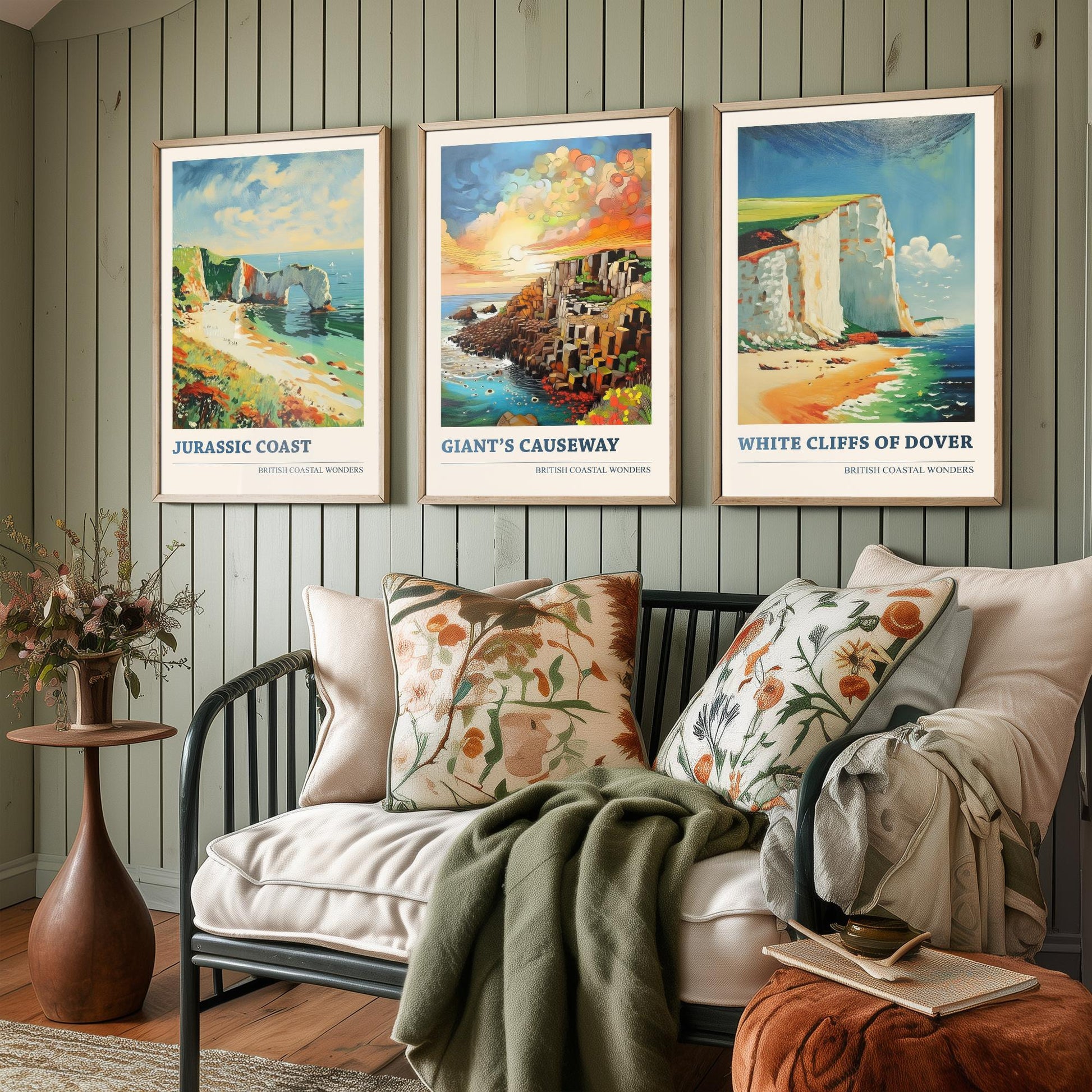 British Coastal Wonders Set of Three Art Prints - Jurassic Coast, Giants Causeway, White Cliffs of Dover - Coastal Painting Poster