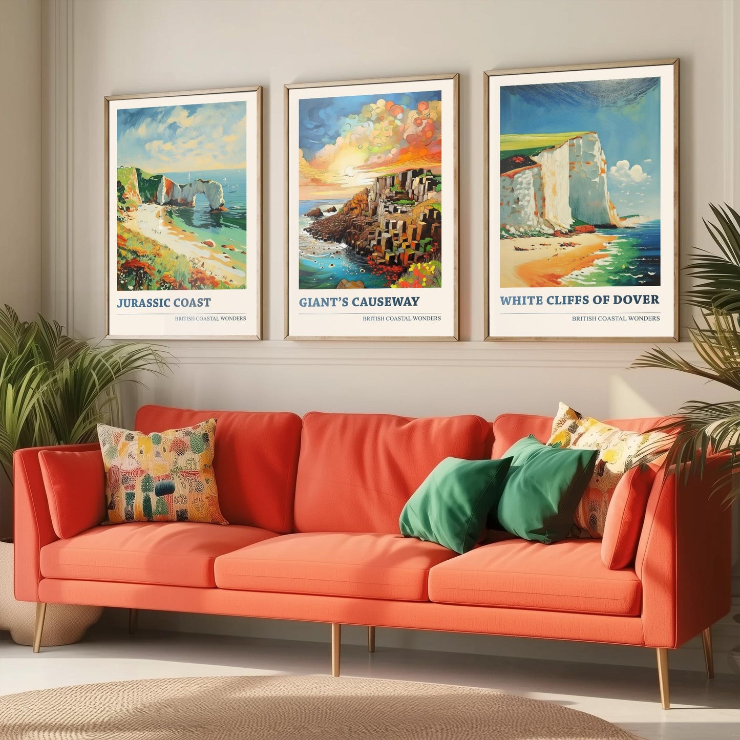 British Coastal Wonders Set of Three Art Prints - Jurassic Coast, Giants Causeway, White Cliffs of Dover - Coastal Painting Poster