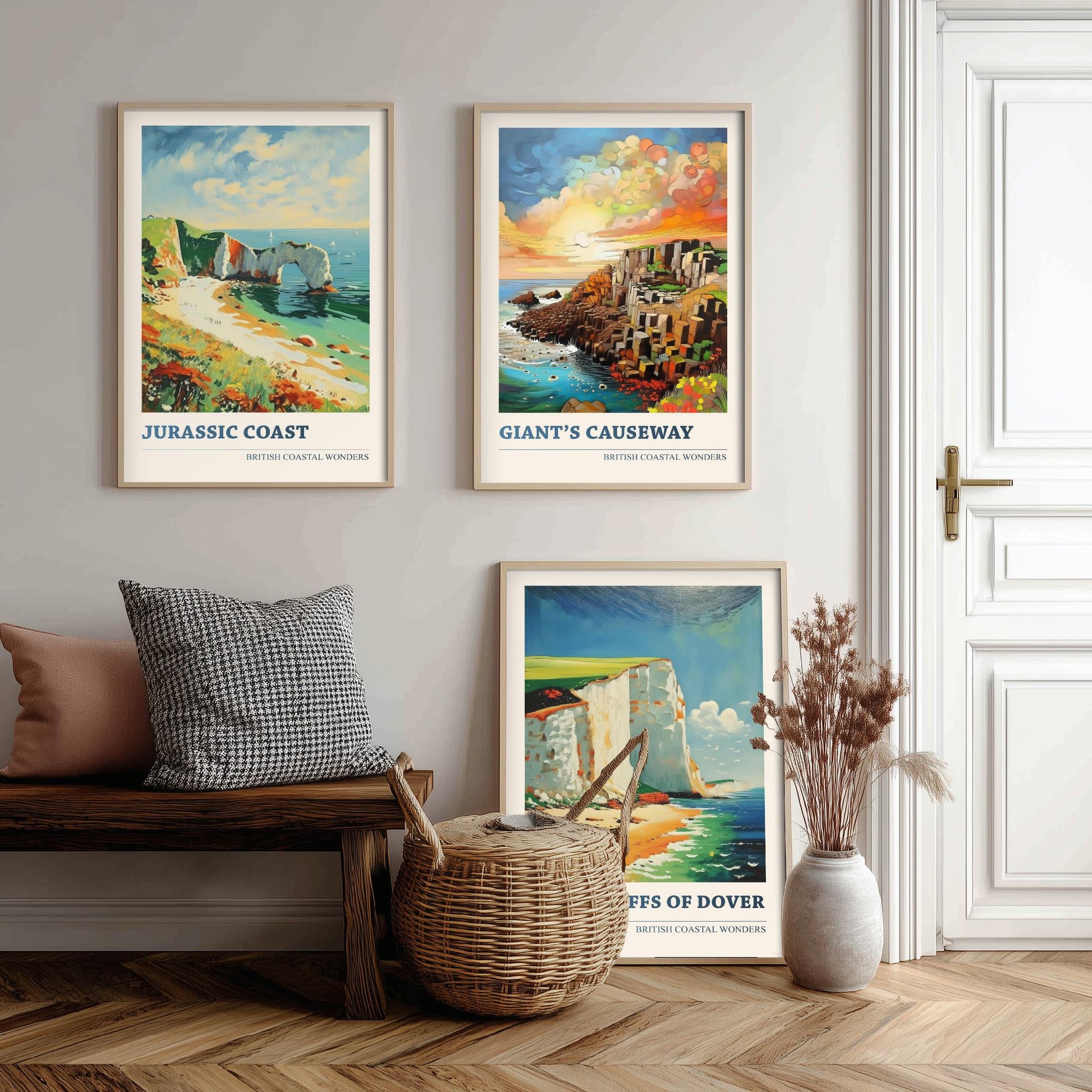 British Coastal Wonders Set of Three Art Prints - Jurassic Coast, Giants Causeway, White Cliffs of Dover - Coastal Painting Poster