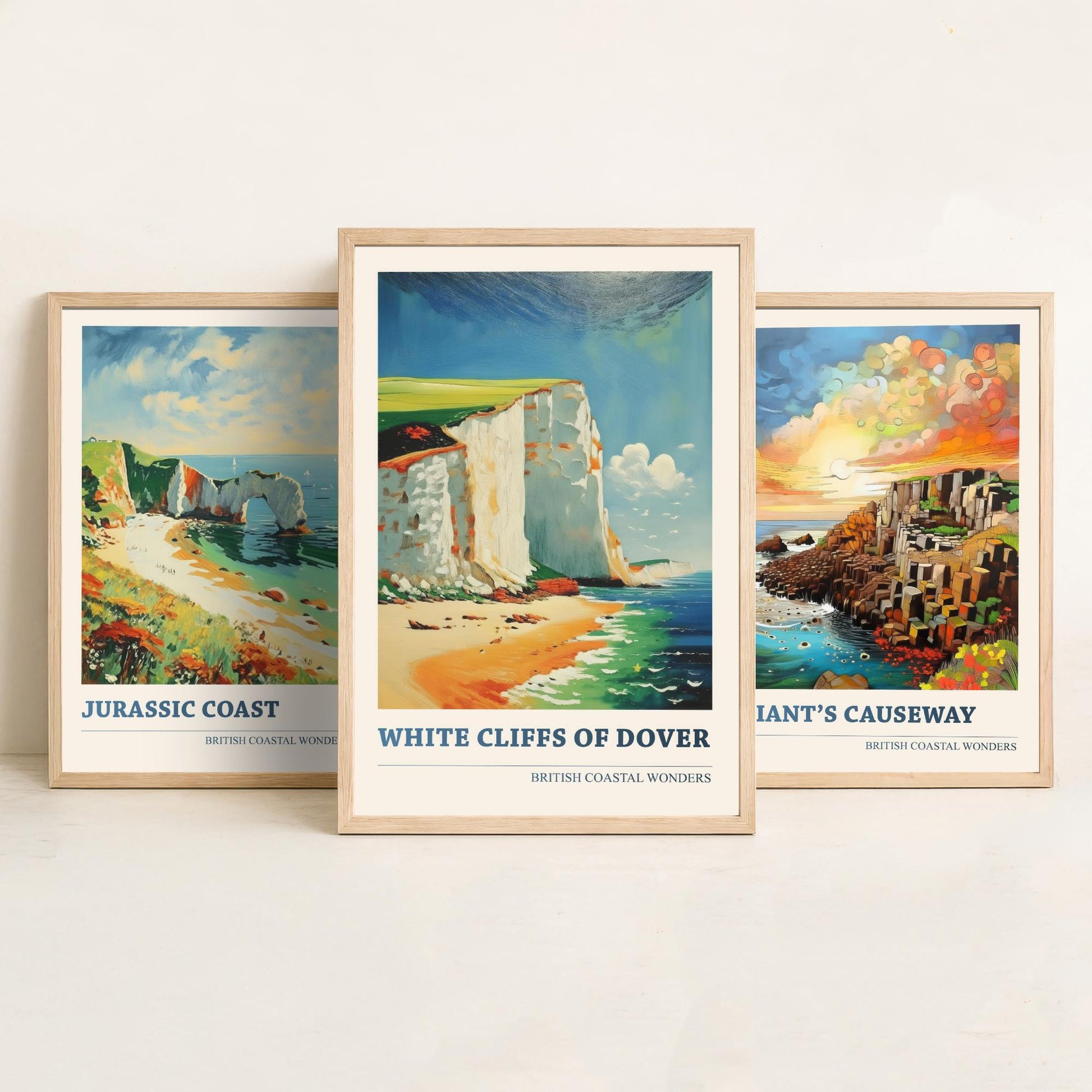 British Coastal Wonders Set of Three Art Prints - Jurassic Coast, Giants Causeway, White Cliffs of Dover - Coastal Painting Poster