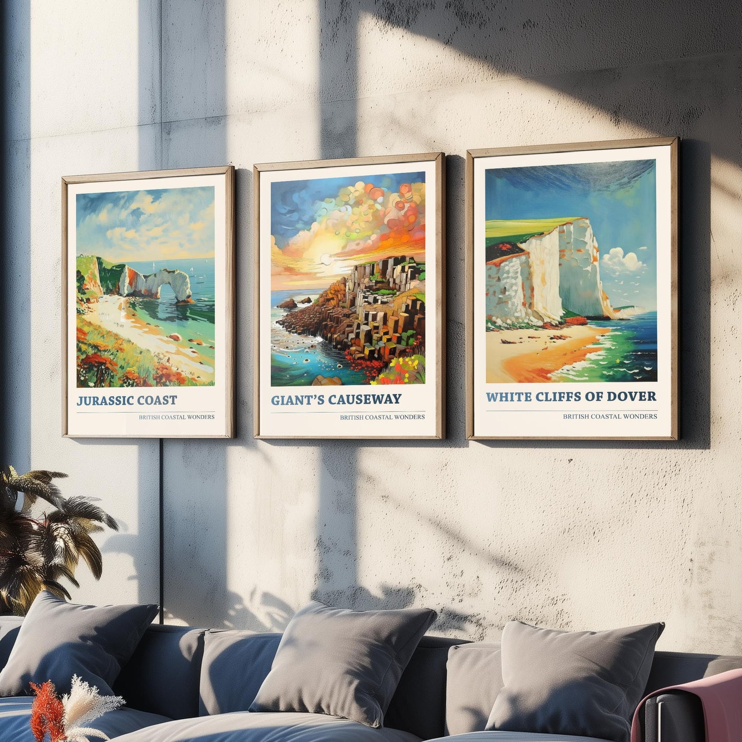 British Coastal Wonders Set of Three Art Prints - Jurassic Coast, Giants Causeway, White Cliffs of Dover - Coastal Painting Poster