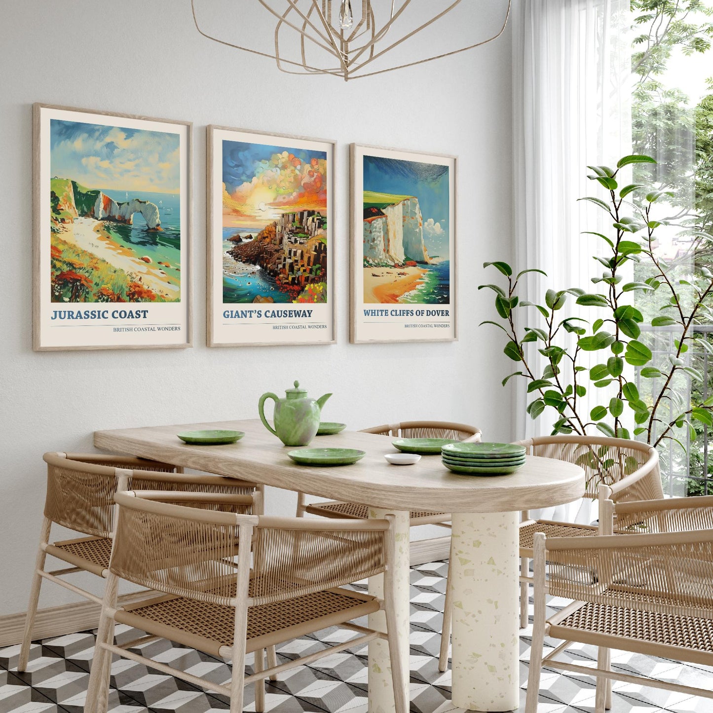 British Coastal Wonders Set of Three Art Prints - Jurassic Coast, Giants Causeway, White Cliffs of Dover - Coastal Painting Poster