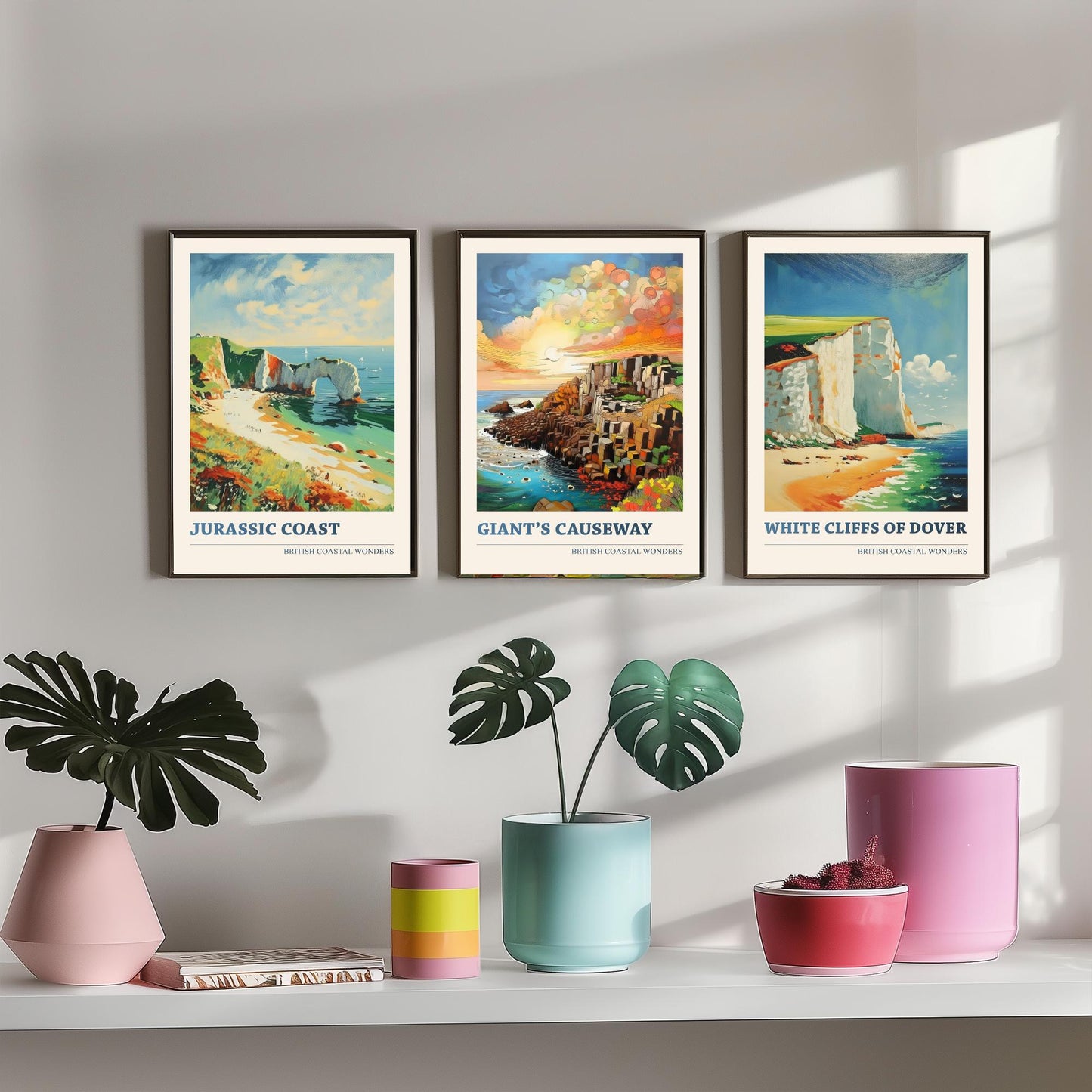 British Coastal Wonders Set of Three Art Prints - Jurassic Coast, Giants Causeway, White Cliffs of Dover - Coastal Painting Poster