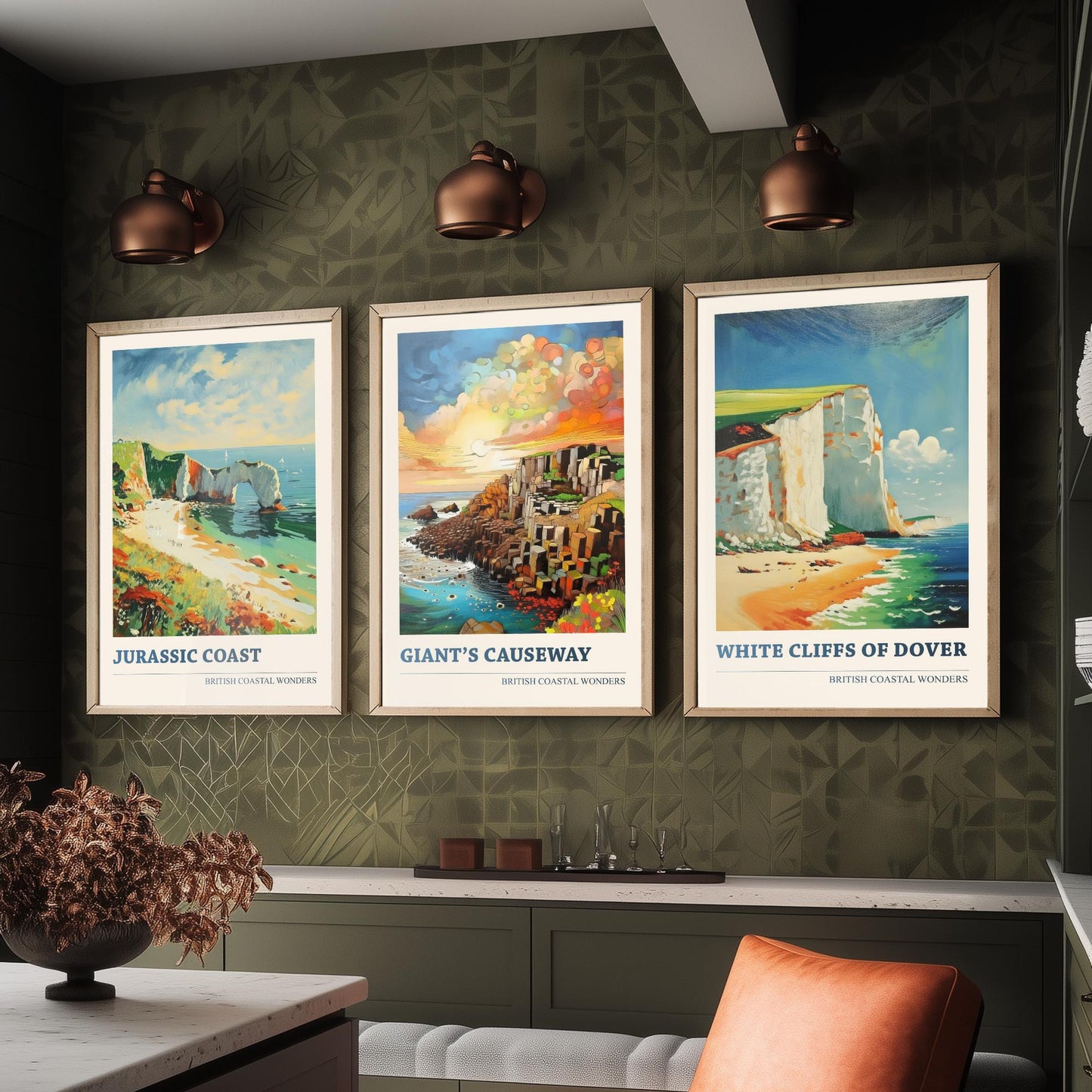British Coastal Wonders Set of Three Art Prints - Jurassic Coast, Giants Causeway, White Cliffs of Dover - Coastal Painting Poster