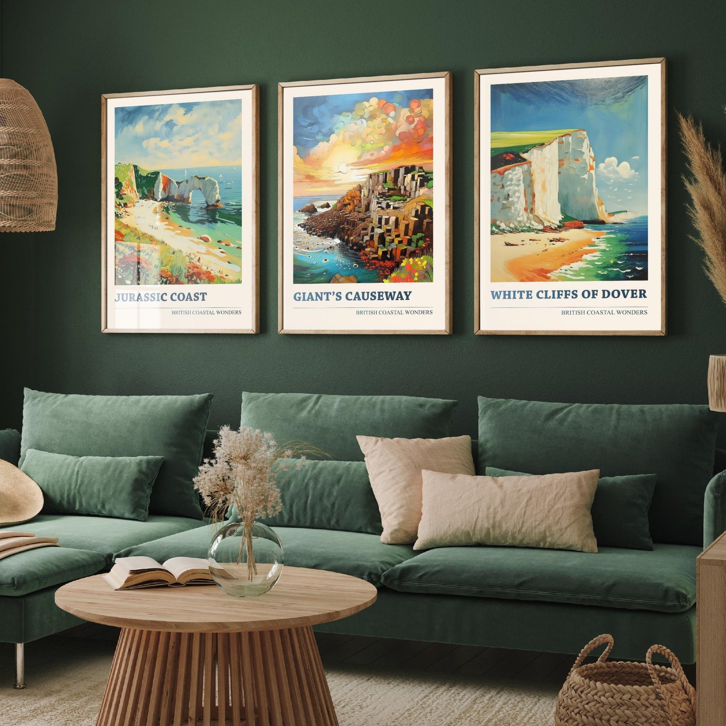 British Coastal Wonders Set of Three Art Prints - Jurassic Coast, Giants Causeway, White Cliffs of Dover - Coastal Painting Poster
