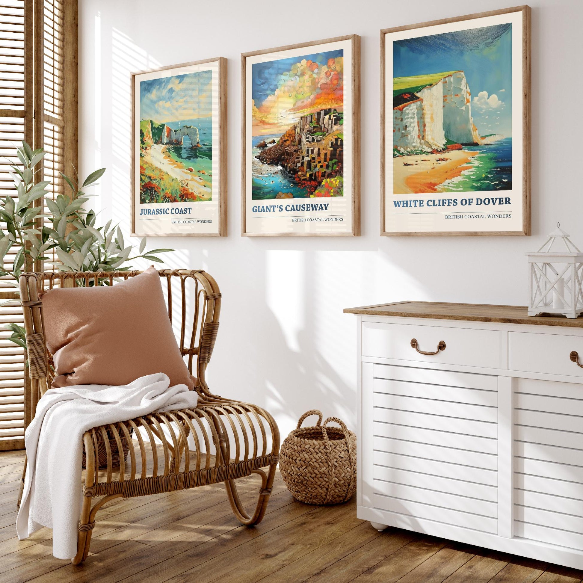 British Coastal Wonders Set of Three Art Prints - Jurassic Coast, Giants Causeway, White Cliffs of Dover - Coastal Painting Poster