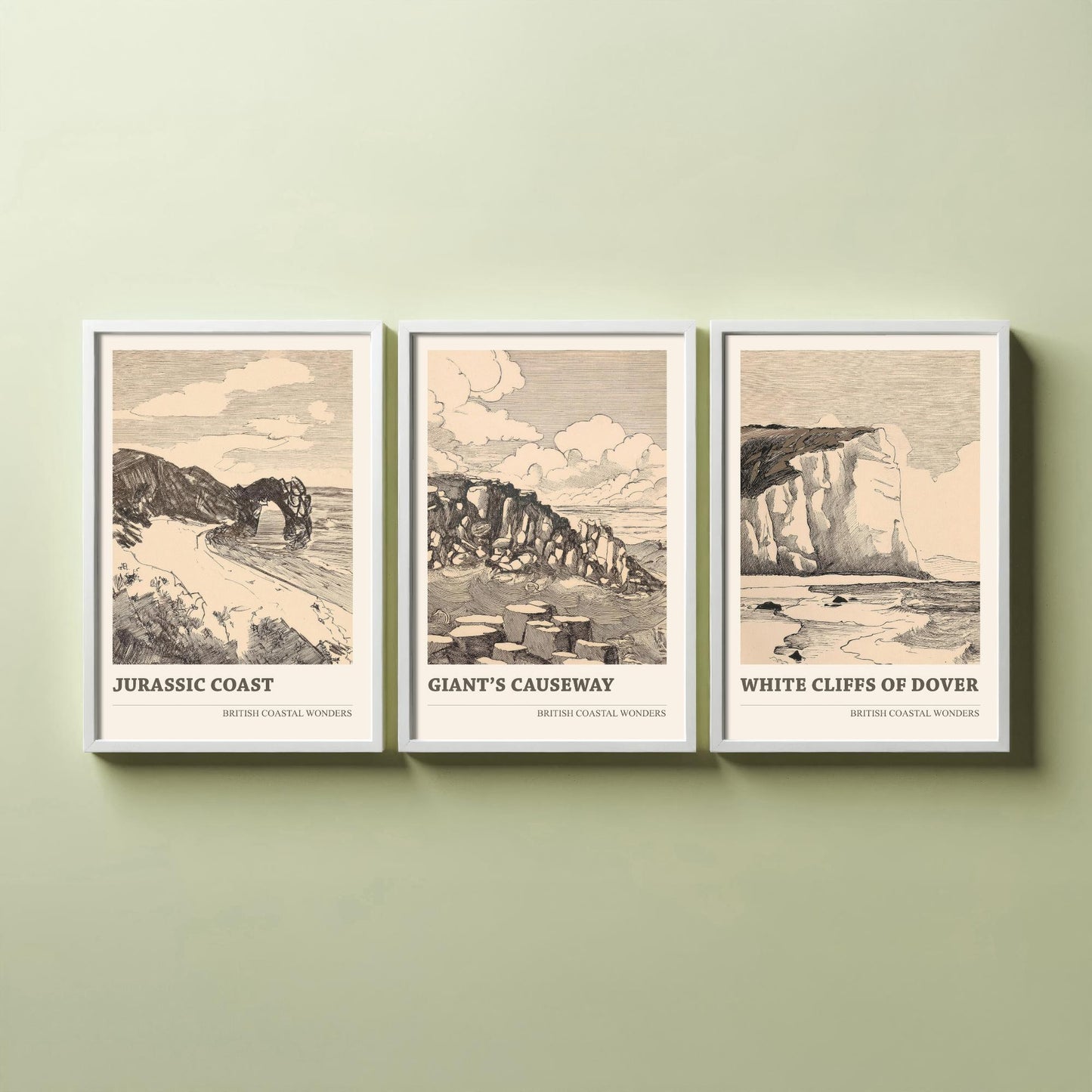 British Coastal Wonders Set of Three Prints - Jurassic Coast, Giants Causeway, White Cliffs of Dover - Vintage Ink Illustration Poster