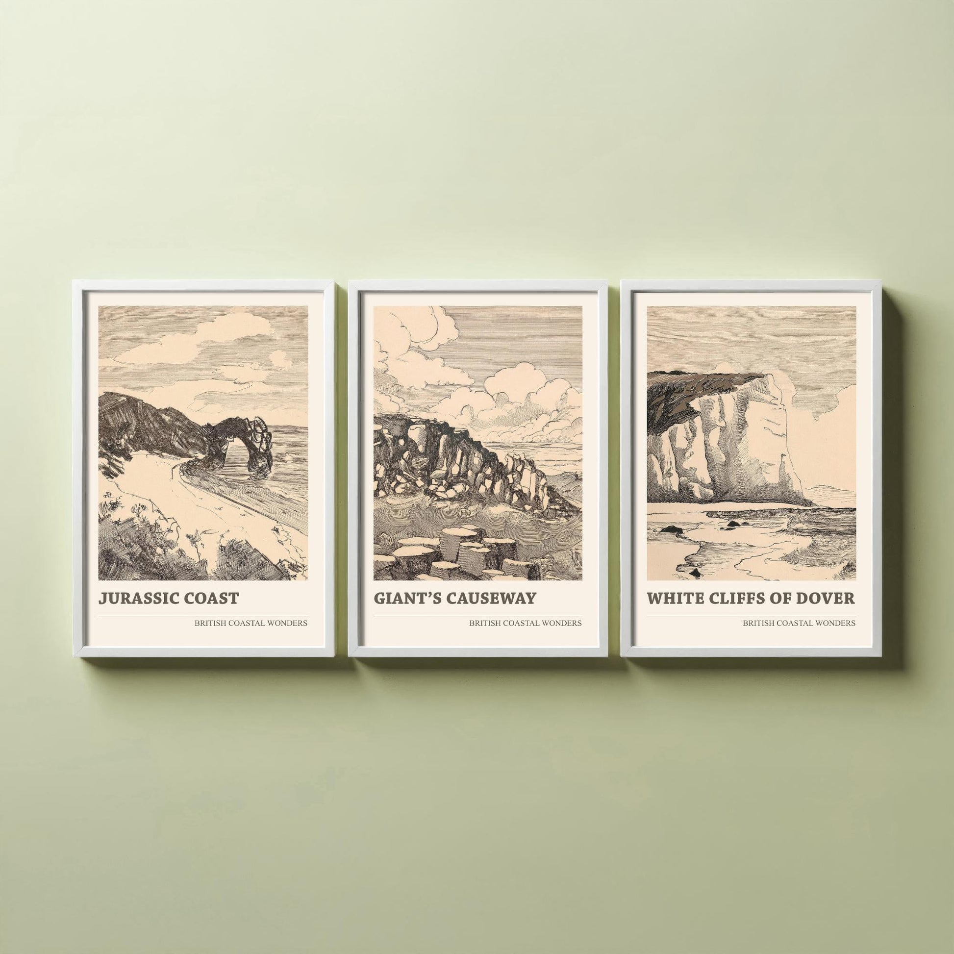 British Coastal Wonders Set of Three Prints - Jurassic Coast, Giants Causeway, White Cliffs of Dover - Vintage Ink Illustration Poster