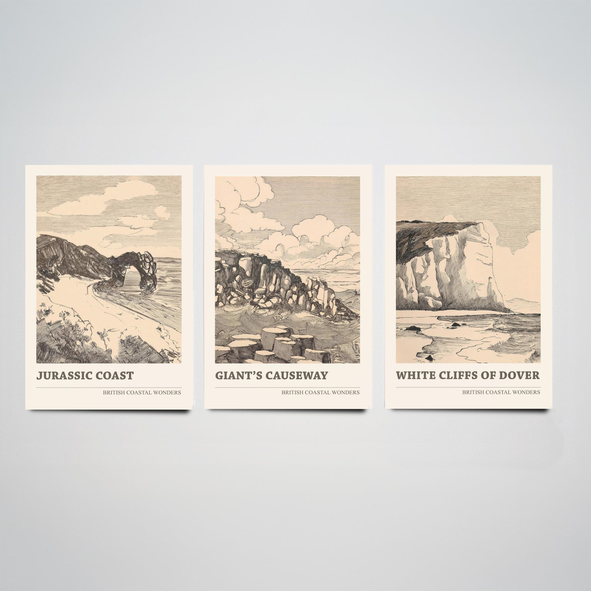 British Coastal Wonders Set of Three Prints - Jurassic Coast, Giants Causeway, White Cliffs of Dover - Vintage Ink Illustration Poster