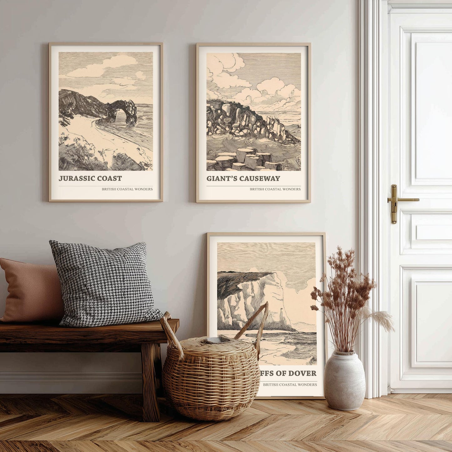 British Coastal Wonders Set of Three Prints - Jurassic Coast, Giants Causeway, White Cliffs of Dover - Vintage Ink Illustration Poster