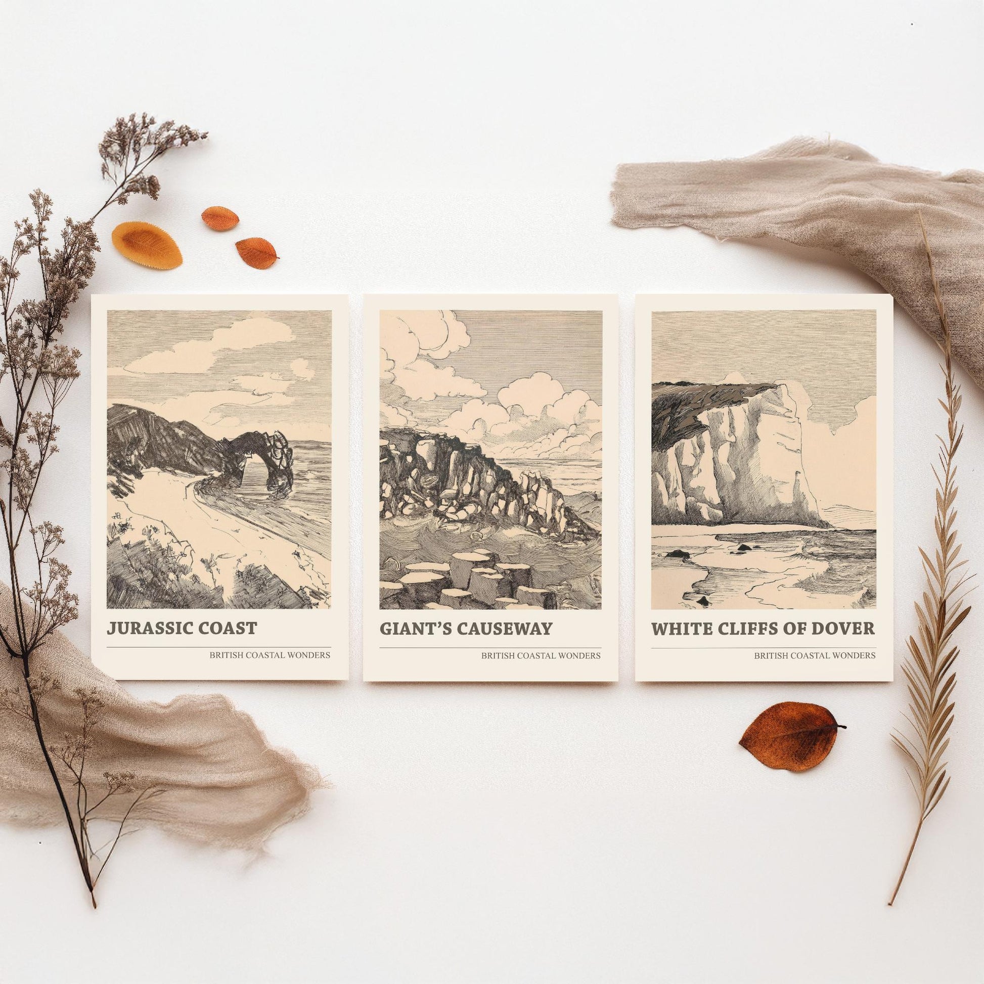 British Coastal Wonders Set of Three Prints - Jurassic Coast, Giants Causeway, White Cliffs of Dover - Vintage Ink Illustration Poster