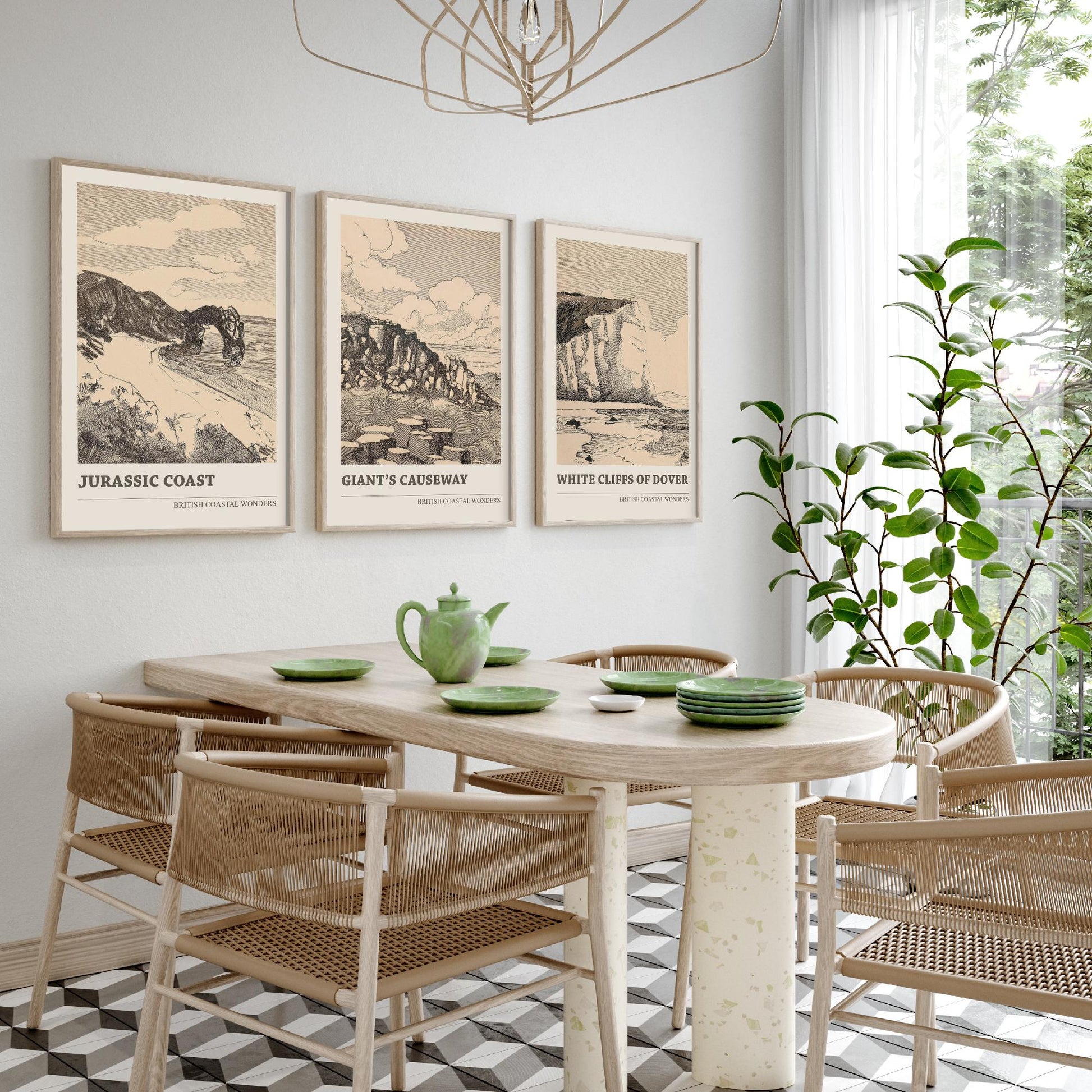 British Coastal Wonders Set of Three Prints - Jurassic Coast, Giants Causeway, White Cliffs of Dover - Vintage Ink Illustration Poster