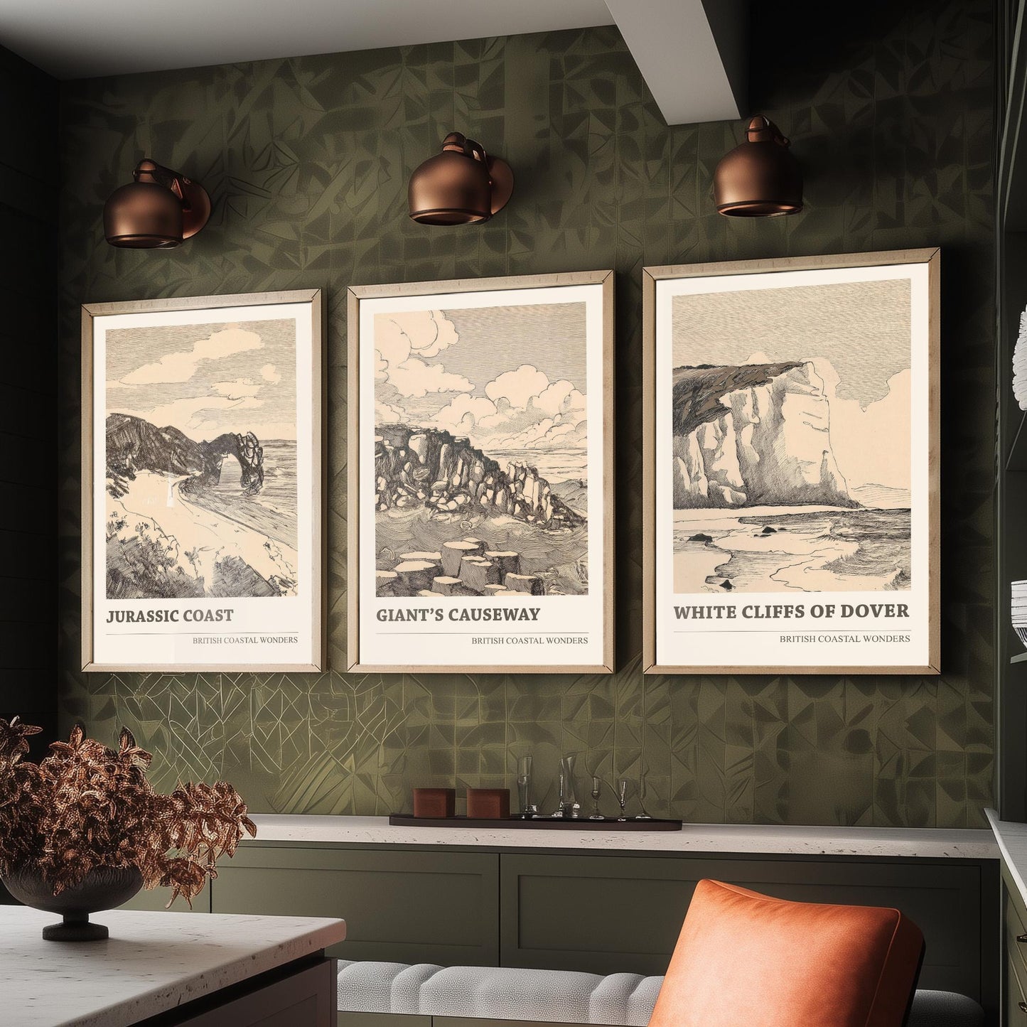 British Coastal Wonders Set of Three Prints - Jurassic Coast, Giants Causeway, White Cliffs of Dover - Vintage Ink Illustration Poster