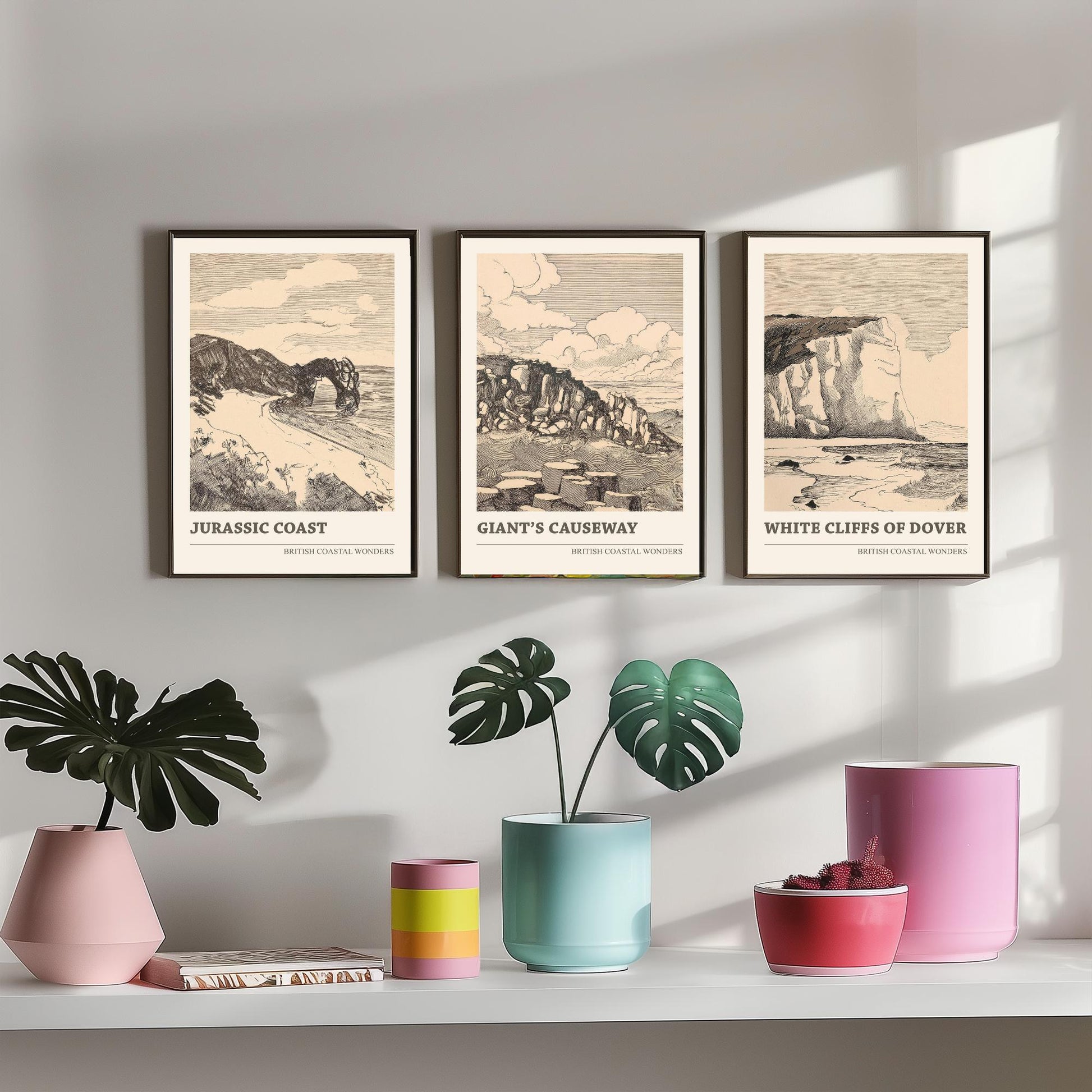 British Coastal Wonders Set of Three Prints - Jurassic Coast, Giants Causeway, White Cliffs of Dover - Vintage Ink Illustration Poster