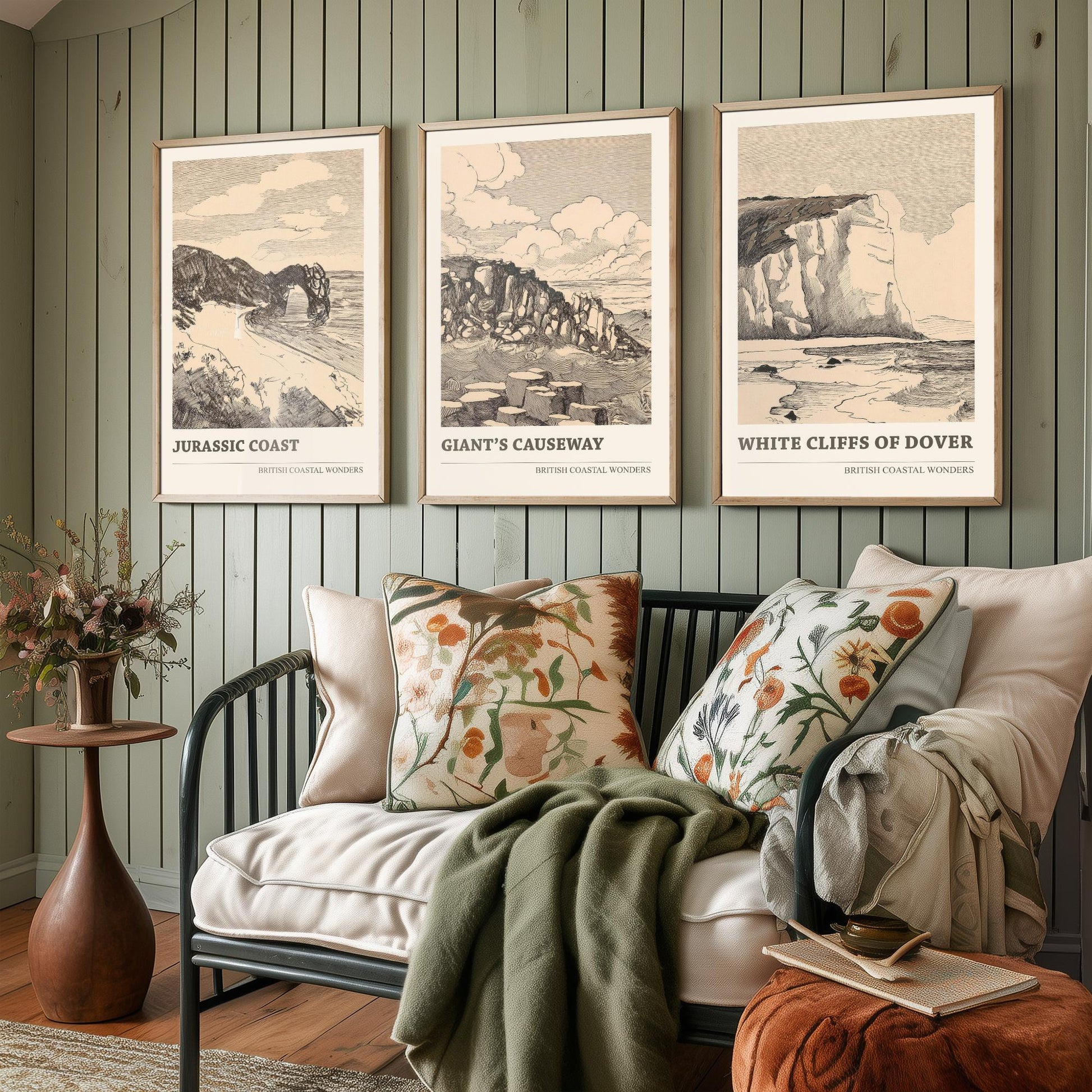 British Coastal Wonders Set of Three Prints - Jurassic Coast, Giants Causeway, White Cliffs of Dover - Vintage Ink Illustration Poster