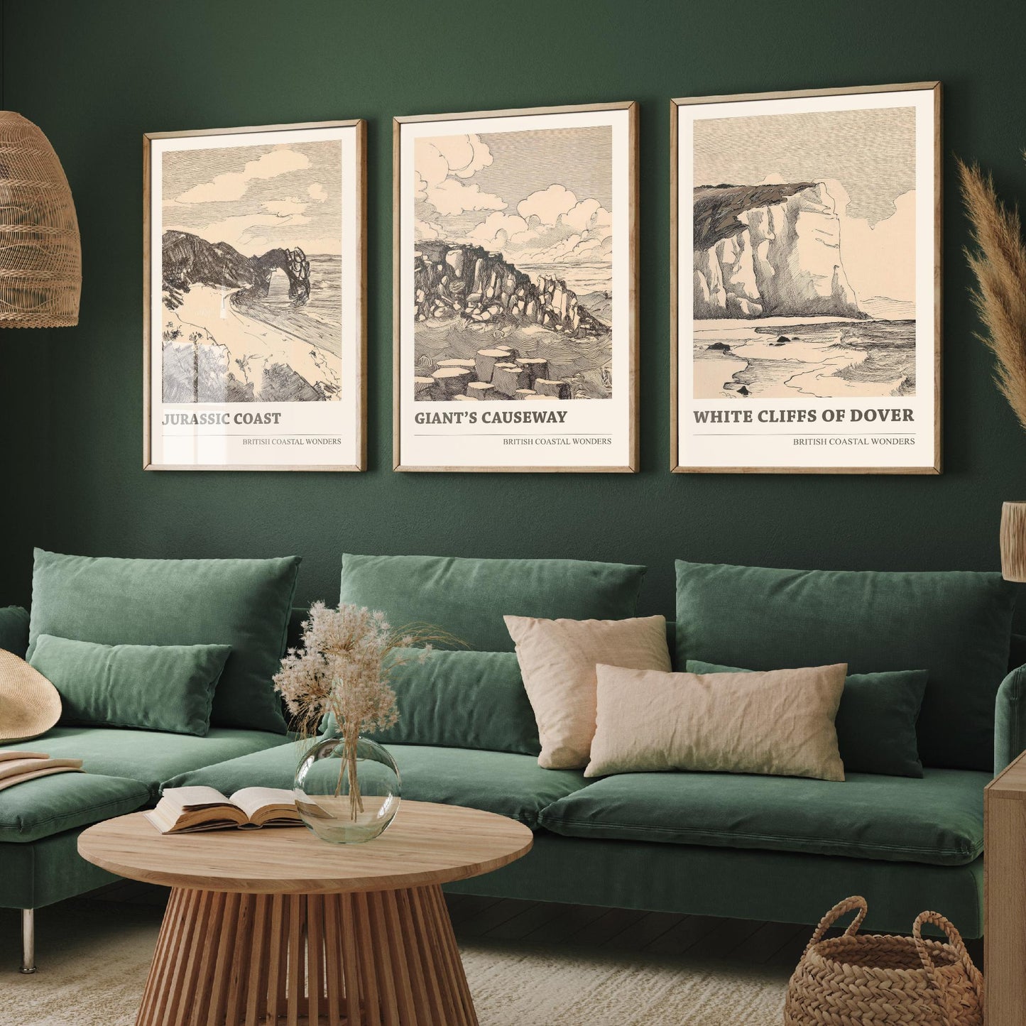 British Coastal Wonders Set of Three Prints - Jurassic Coast, Giants Causeway, White Cliffs of Dover - Vintage Ink Illustration Poster