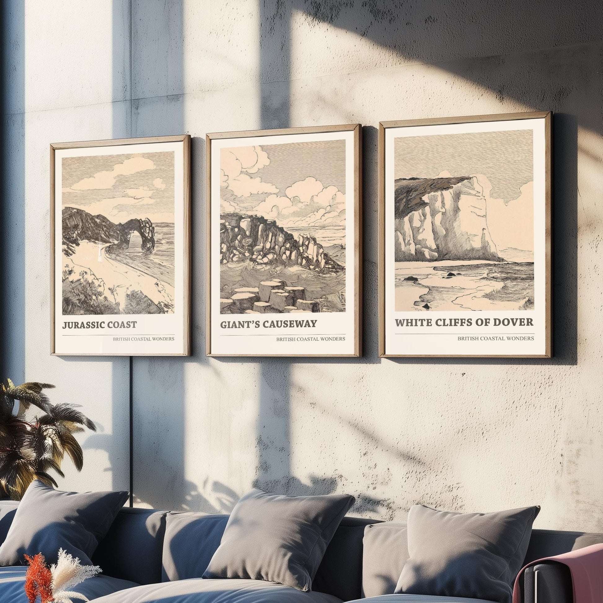 British Coastal Wonders Set of Three Prints - Jurassic Coast, Giants Causeway, White Cliffs of Dover - Vintage Ink Illustration Poster
