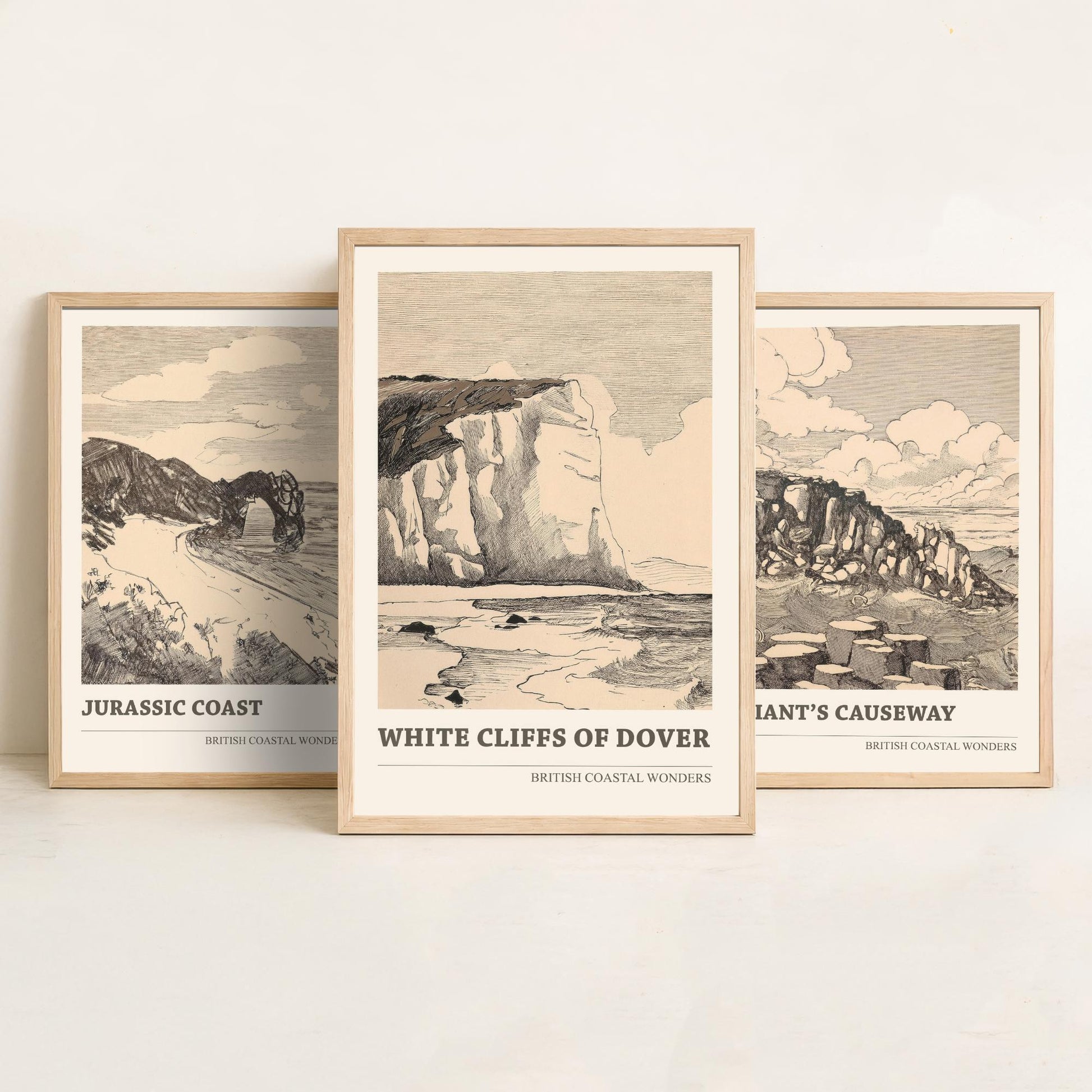 British Coastal Wonders Set of Three Prints - Jurassic Coast, Giants Causeway, White Cliffs of Dover - Vintage Ink Illustration Poster