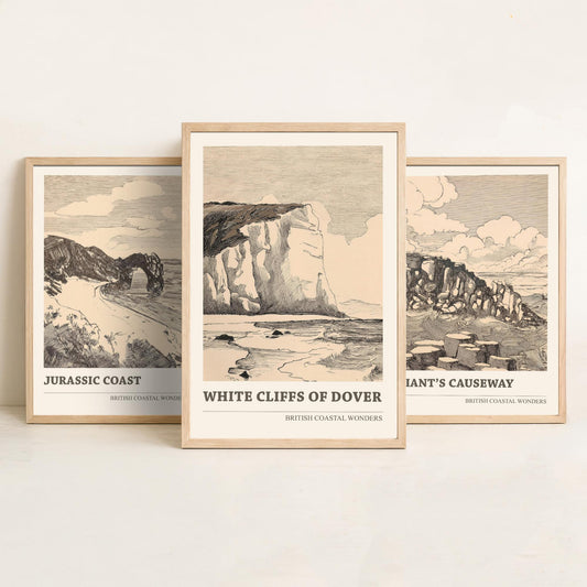 British Coastal Wonders Set of Three Prints - Jurassic Coast, Giants Causeway, White Cliffs of Dover - Vintage Ink Illustration Poster