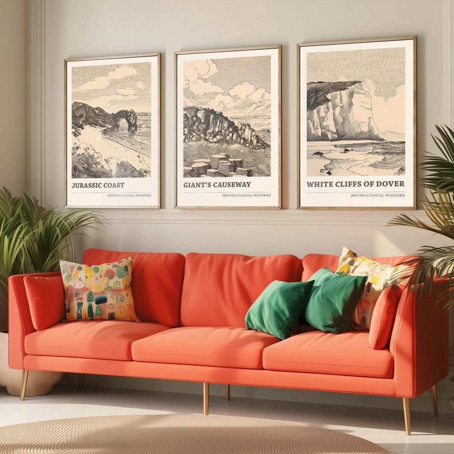 British Coastal Wonders Set of Three Prints - Jurassic Coast, Giants Causeway, White Cliffs of Dover - Vintage Ink Illustration Poster