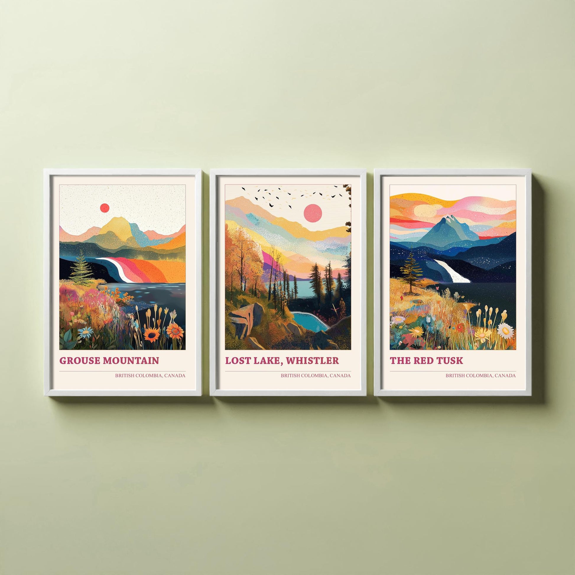 British Columbia Canada Set of Three Prints | Grouse Mountain Lost Lake Whistler Red Tusk | Boho Landscape Illustration Wall Poster