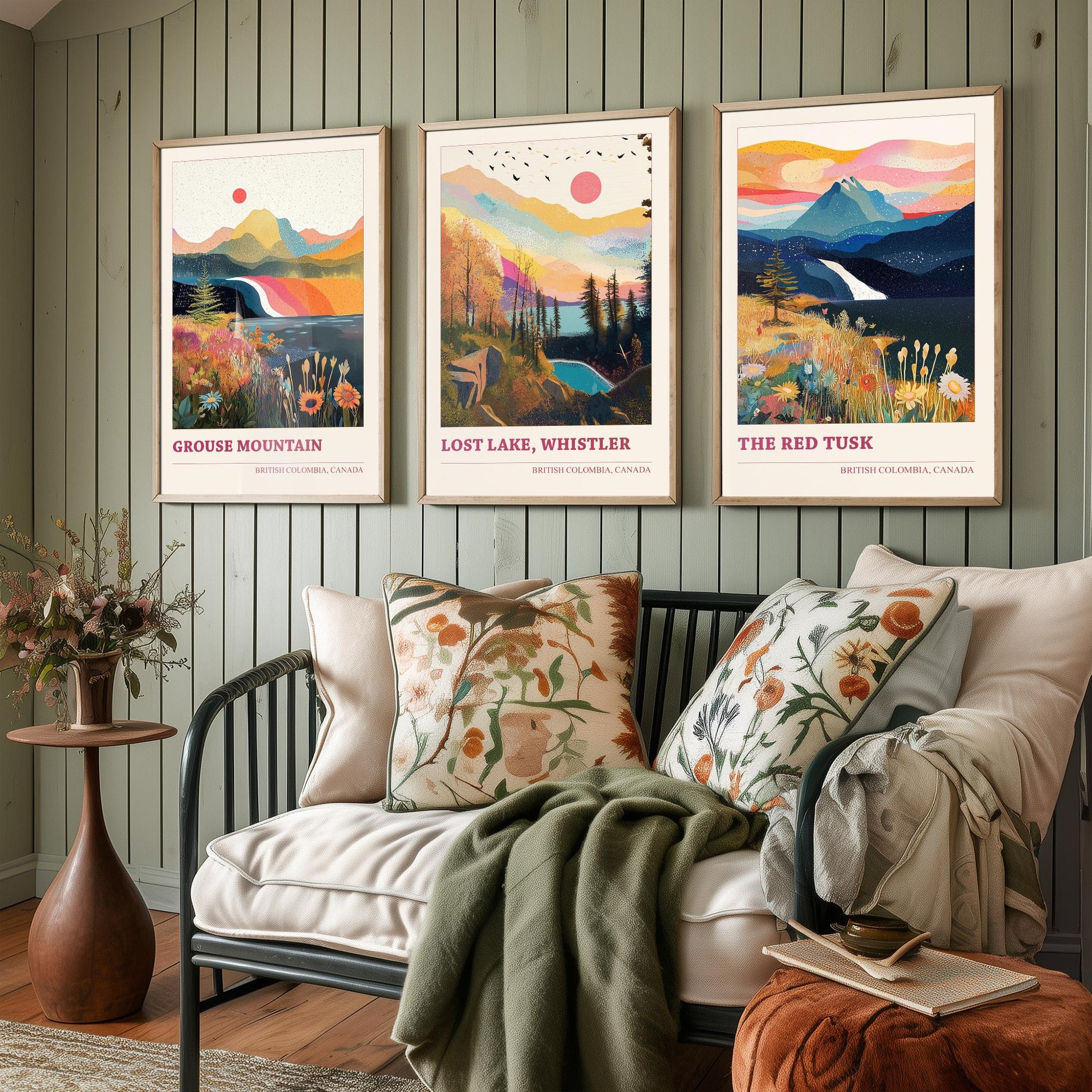 British Columbia Canada Set of Three Prints | Grouse Mountain Lost Lake Whistler Red Tusk | Boho Landscape Illustration Wall Poster