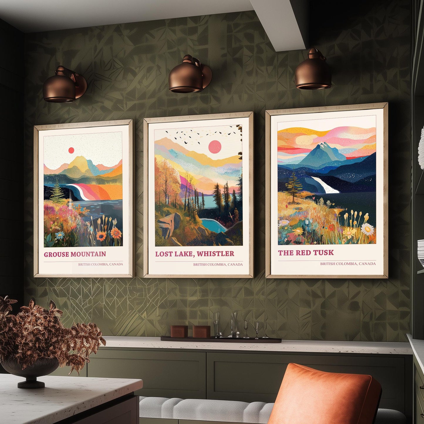 British Columbia Canada Set of Three Prints | Grouse Mountain Lost Lake Whistler Red Tusk | Boho Landscape Illustration Wall Poster