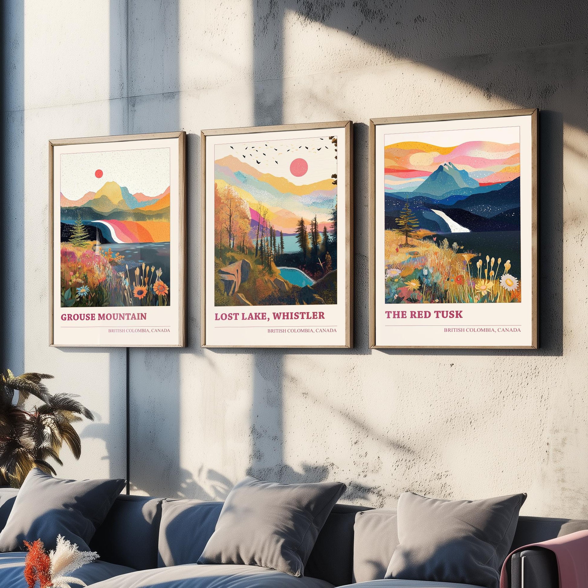 British Columbia Canada Set of Three Prints | Grouse Mountain Lost Lake Whistler Red Tusk | Boho Landscape Illustration Wall Poster