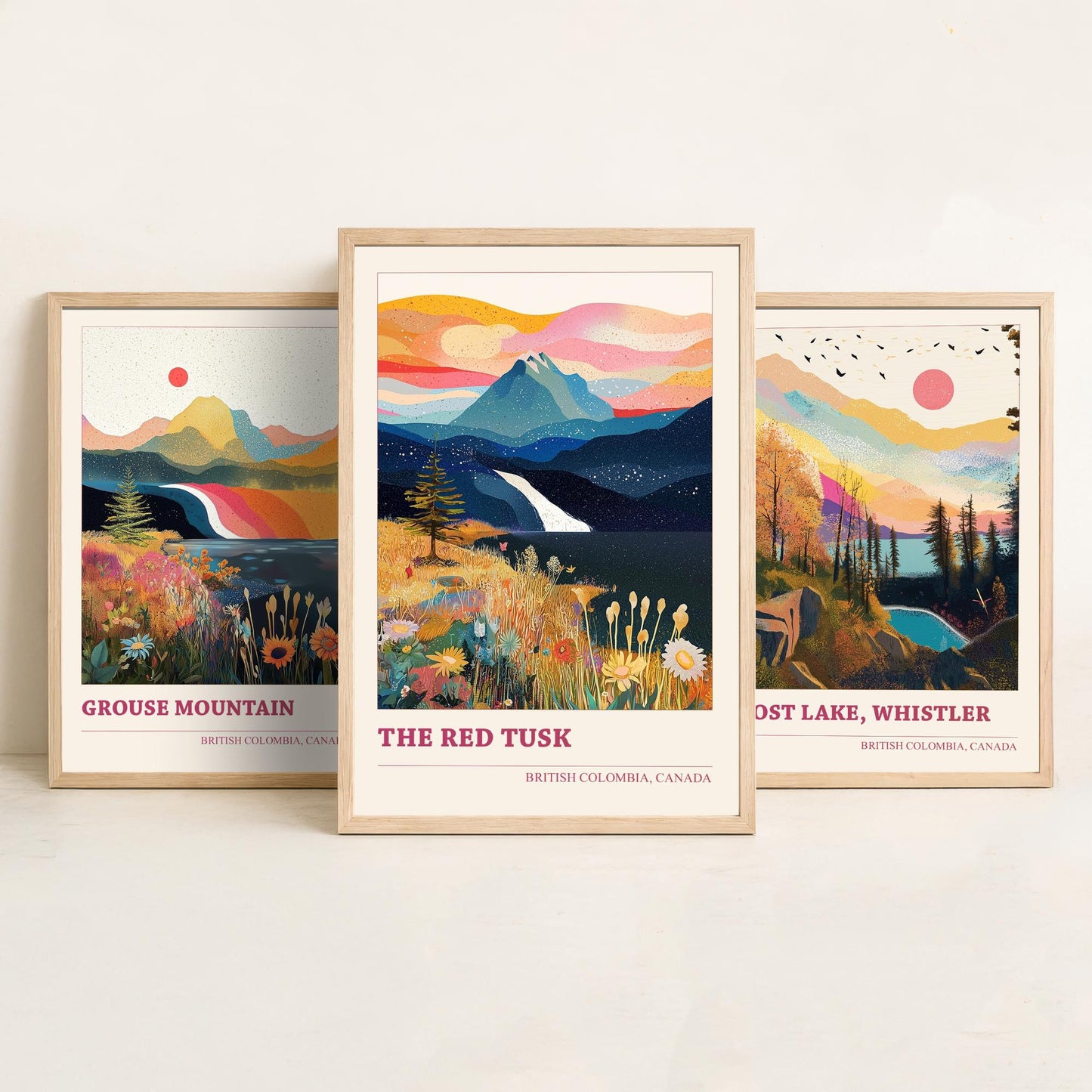 British Columbia Canada Set of Three Prints | Grouse Mountain Lost Lake Whistler Red Tusk | Boho Landscape Illustration Wall Poster