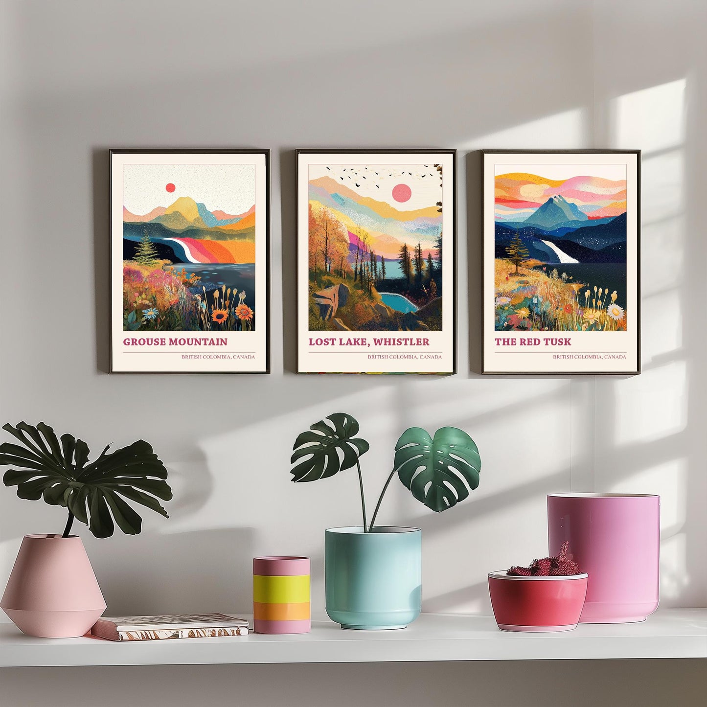 British Columbia Canada Set of Three Prints | Grouse Mountain Lost Lake Whistler Red Tusk | Boho Landscape Illustration Wall Poster