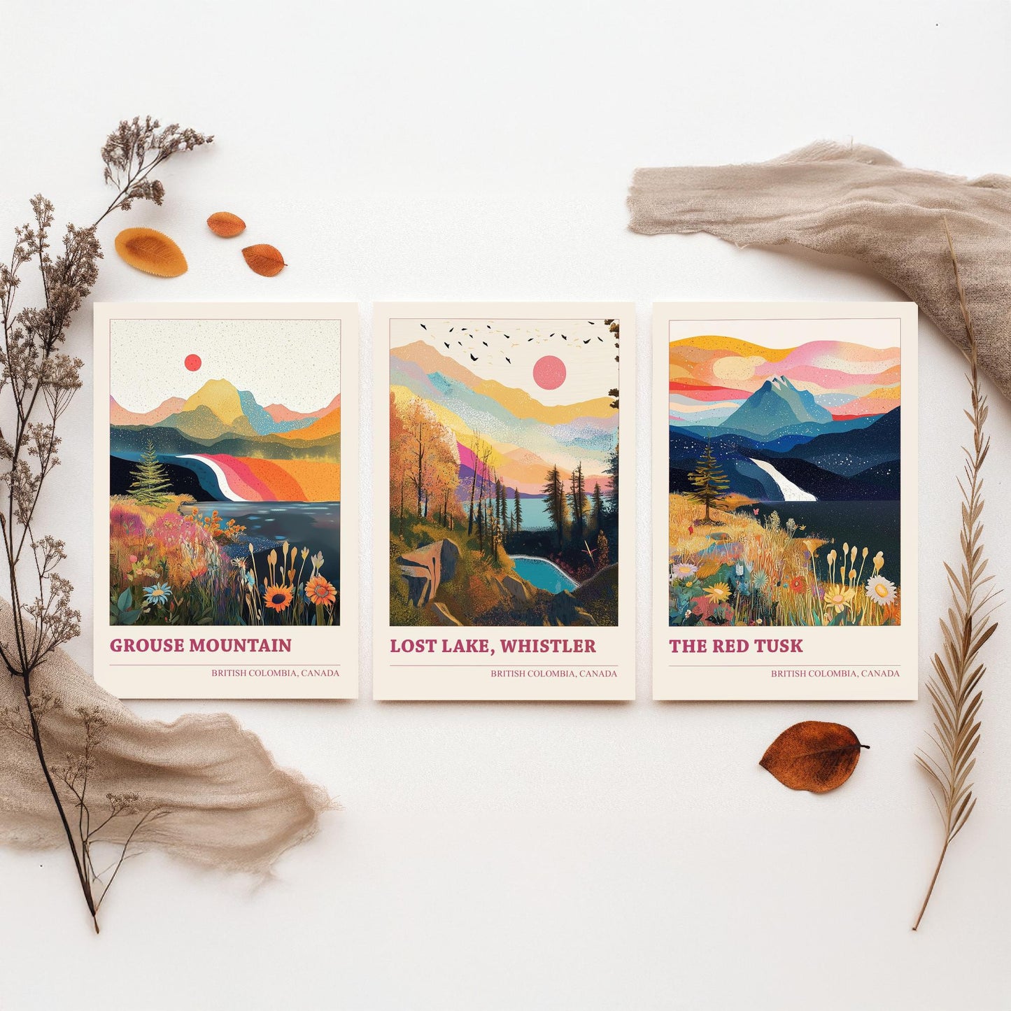 British Columbia Canada Set of Three Prints | Grouse Mountain Lost Lake Whistler Red Tusk | Boho Landscape Illustration Wall Poster