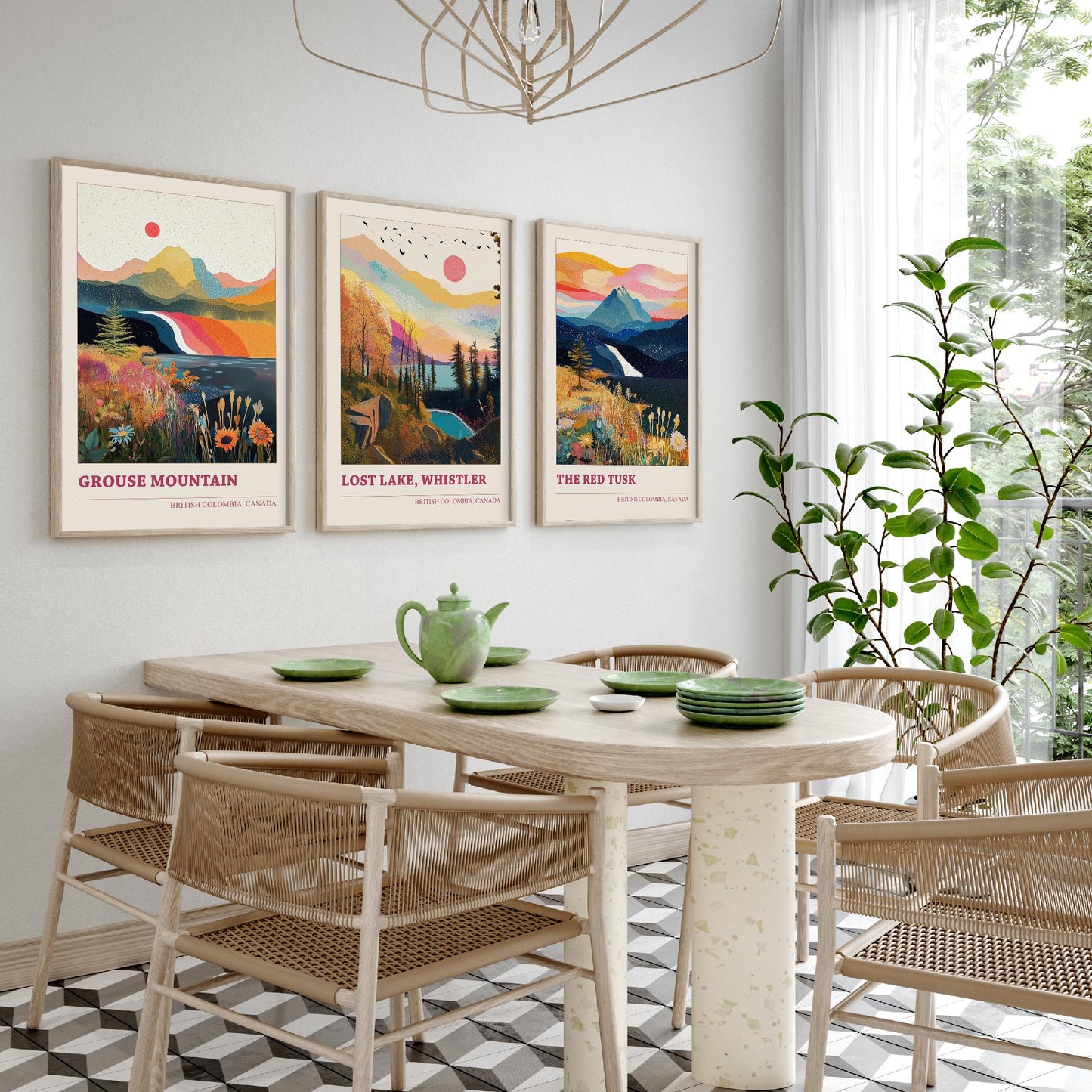 British Columbia Canada Set of Three Prints | Grouse Mountain Lost Lake Whistler Red Tusk | Boho Landscape Illustration Wall Poster