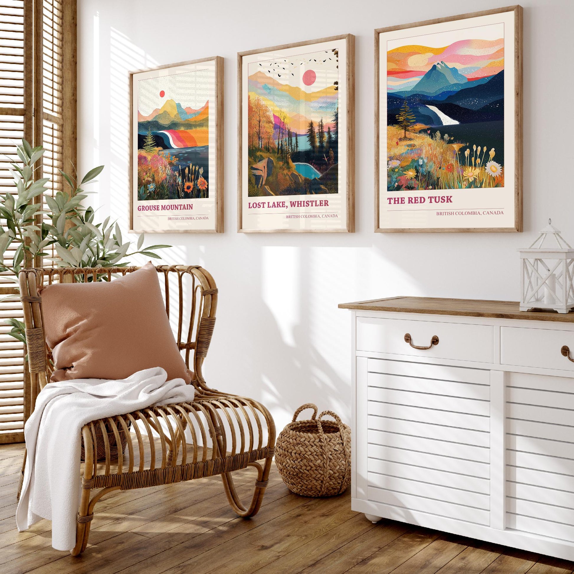British Columbia Canada Set of Three Prints | Grouse Mountain Lost Lake Whistler Red Tusk | Boho Landscape Illustration Wall Poster