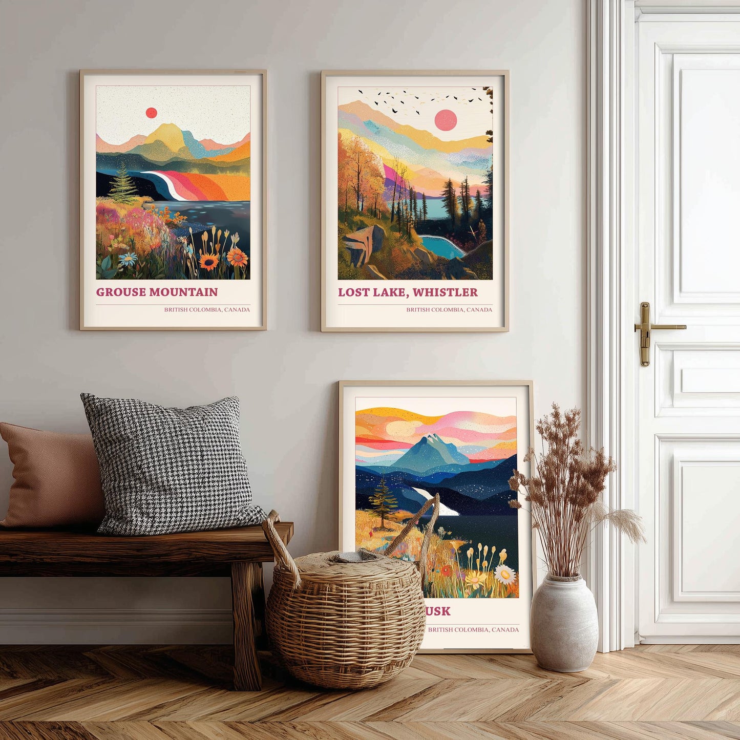 British Columbia Canada Set of Three Prints | Grouse Mountain Lost Lake Whistler Red Tusk | Boho Landscape Illustration Wall Poster