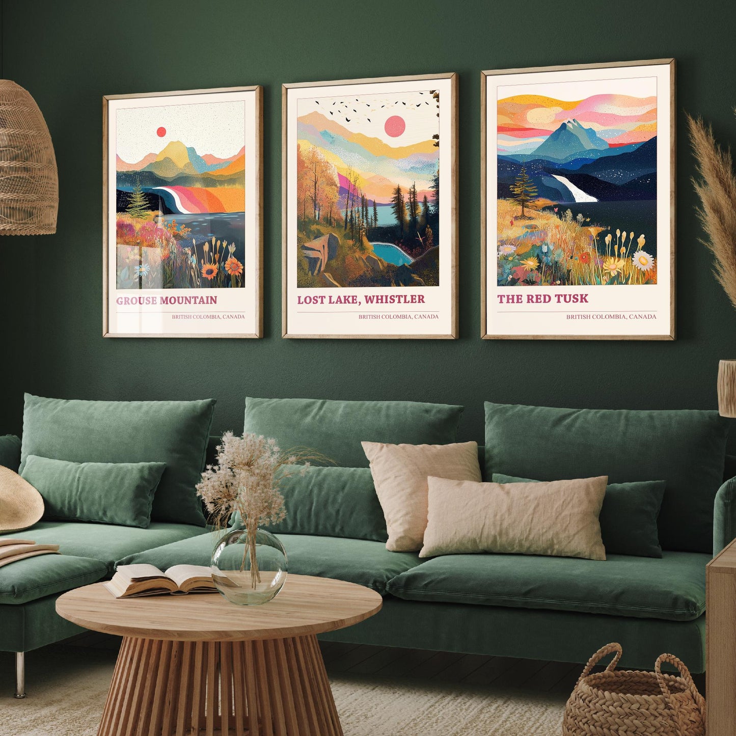 British Columbia Canada Set of Three Prints | Grouse Mountain Lost Lake Whistler Red Tusk | Boho Landscape Illustration Wall Poster