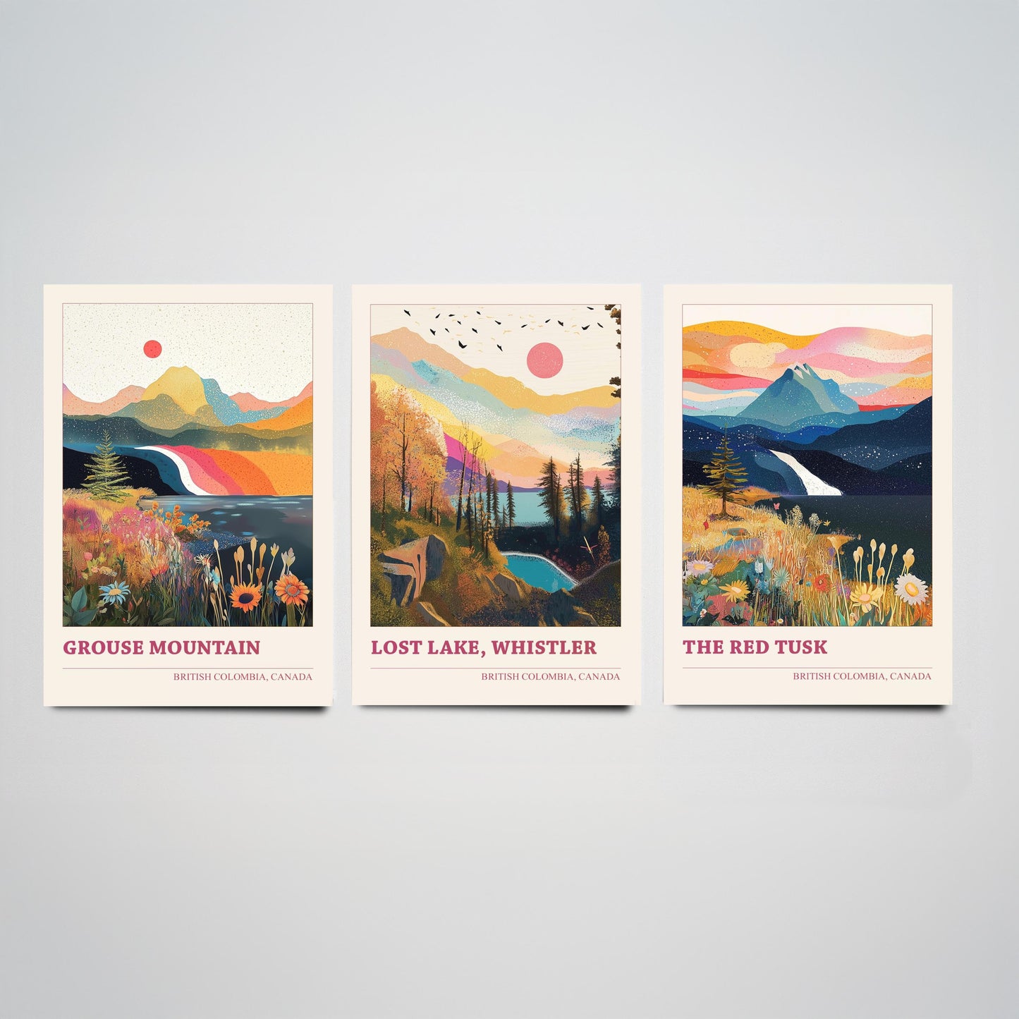 British Columbia Canada Set of Three Prints | Grouse Mountain Lost Lake Whistler Red Tusk | Boho Landscape Illustration Wall Poster