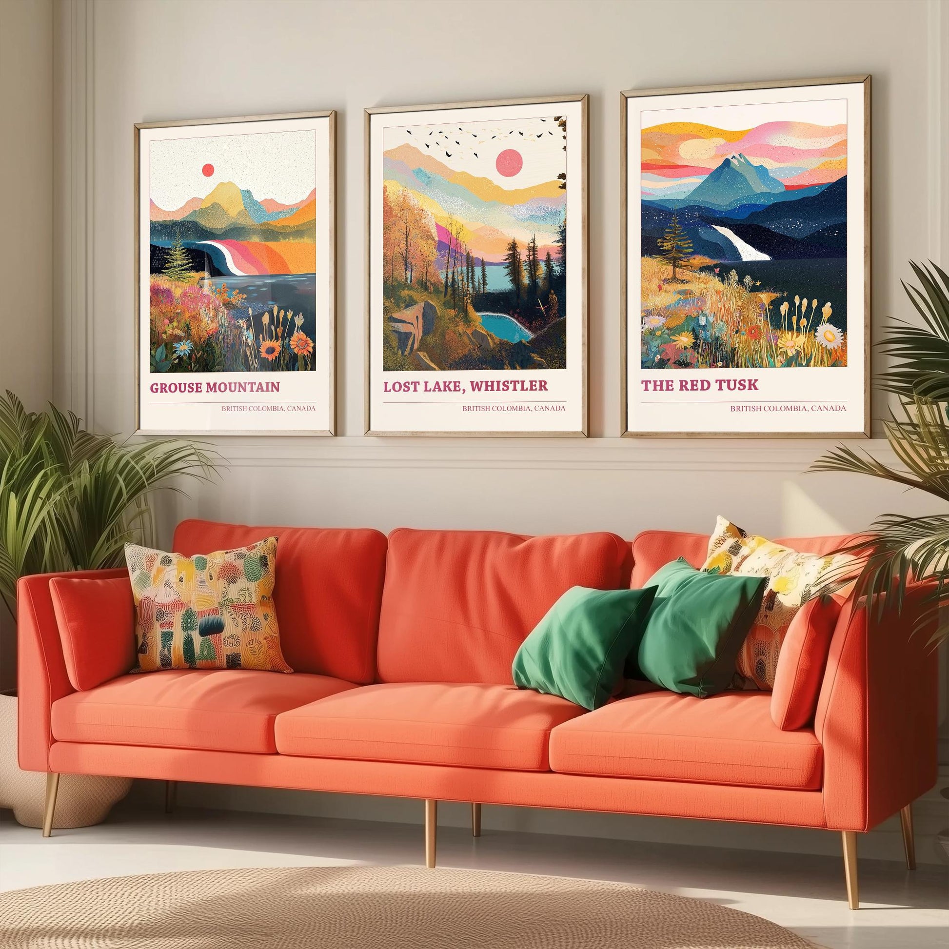 British Columbia Canada Set of Three Prints | Grouse Mountain Lost Lake Whistler Red Tusk | Boho Landscape Illustration Wall Poster