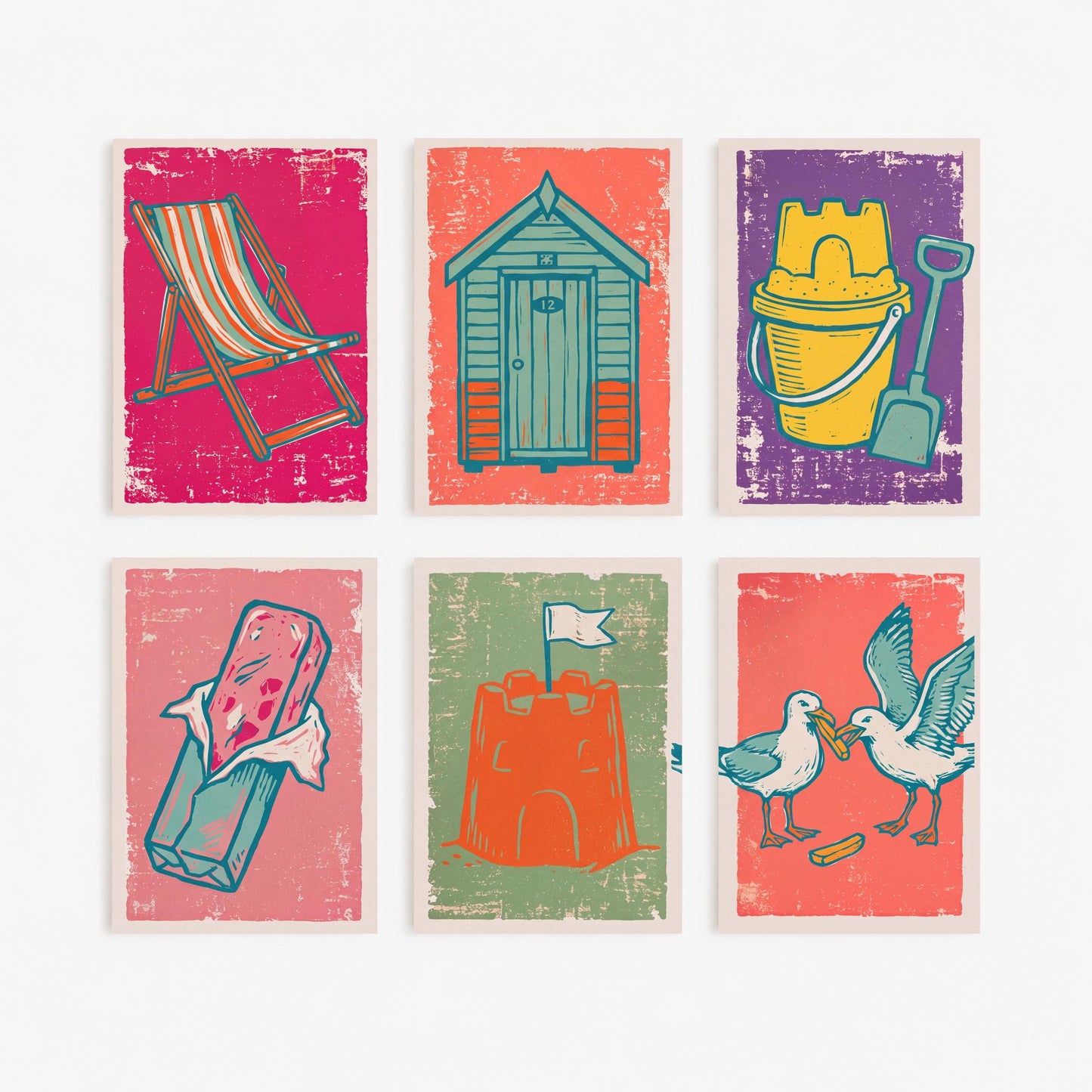 Set of Six British Seaside Art Prints - 6 Linocut Illustration Posters - Deckchair, Beach Hut, Bucket and Spade, Sandcastle, Seagulls