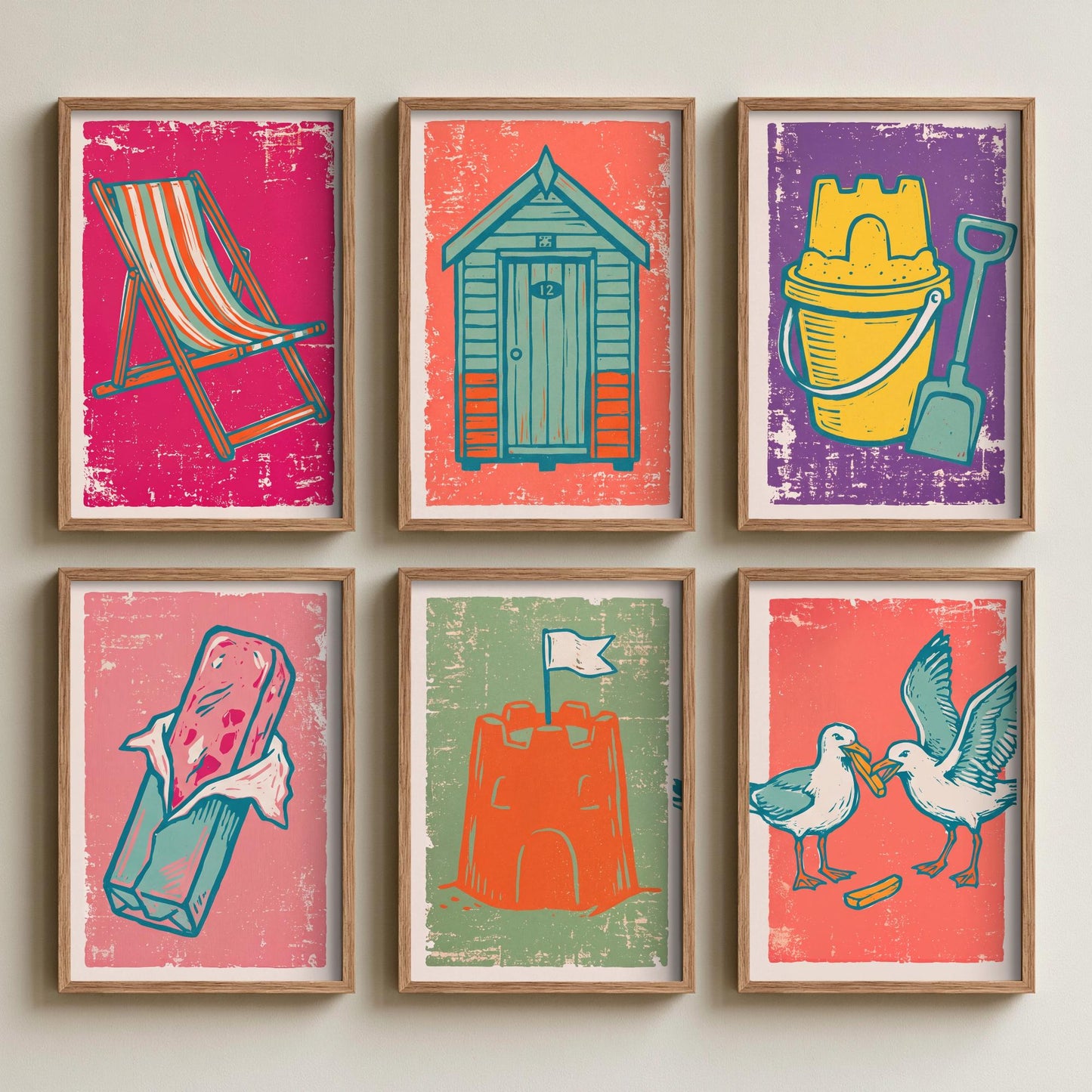 Set of Six British Seaside Art Prints - 6 Linocut Illustration Posters - Deckchair, Beach Hut, Bucket and Spade, Sandcastle, Seagulls