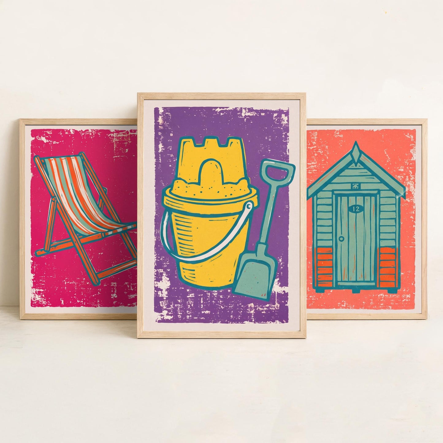 Set of Three British Seaside Art Prints - Deckchair, Beach Hut, Bucket and Spade - Linocut Illustrations - Coastal Triptych Posters V1