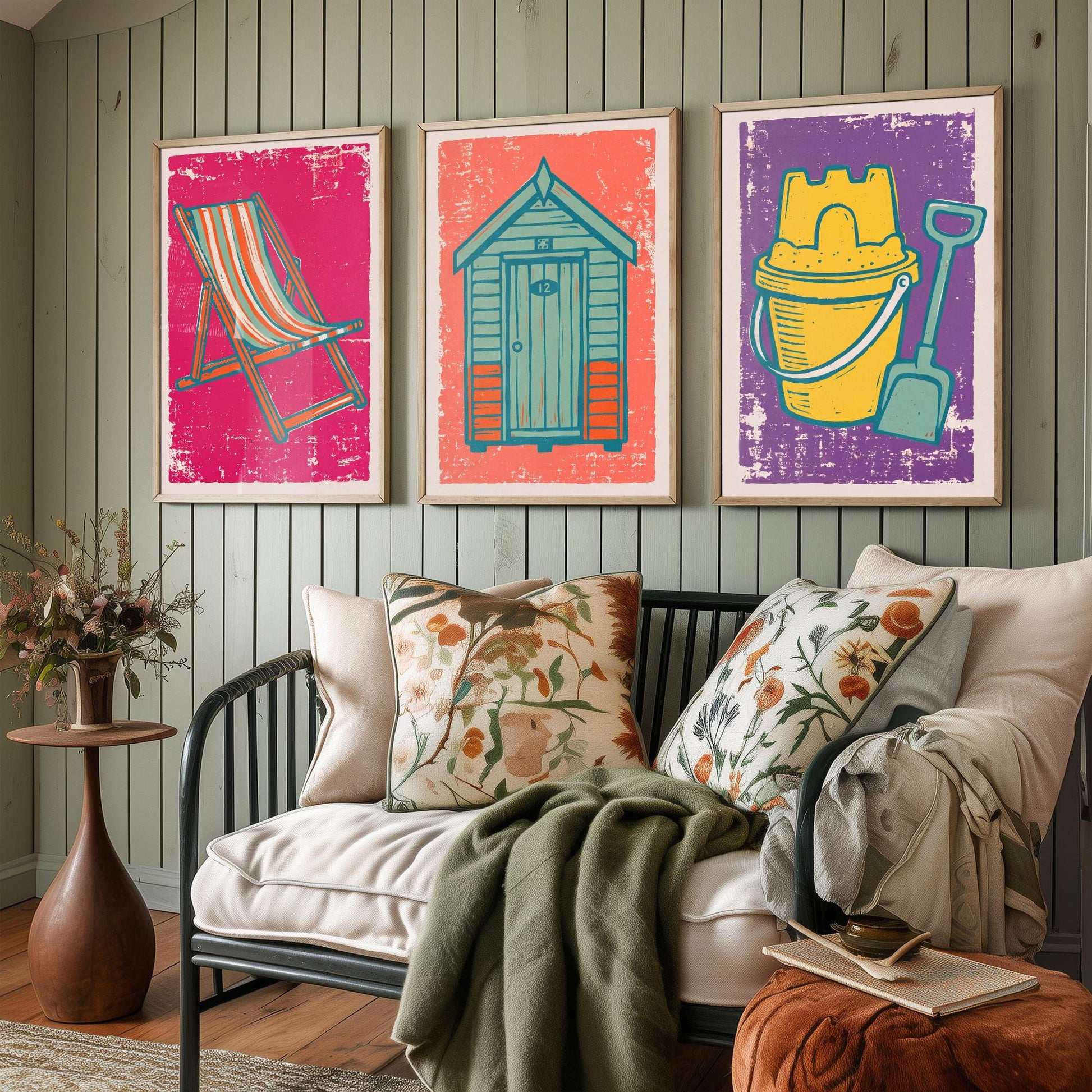 Set of Three British Seaside Art Prints - Deckchair, Beach Hut, Bucket and Spade - Linocut Illustrations - Coastal Triptych Posters V1