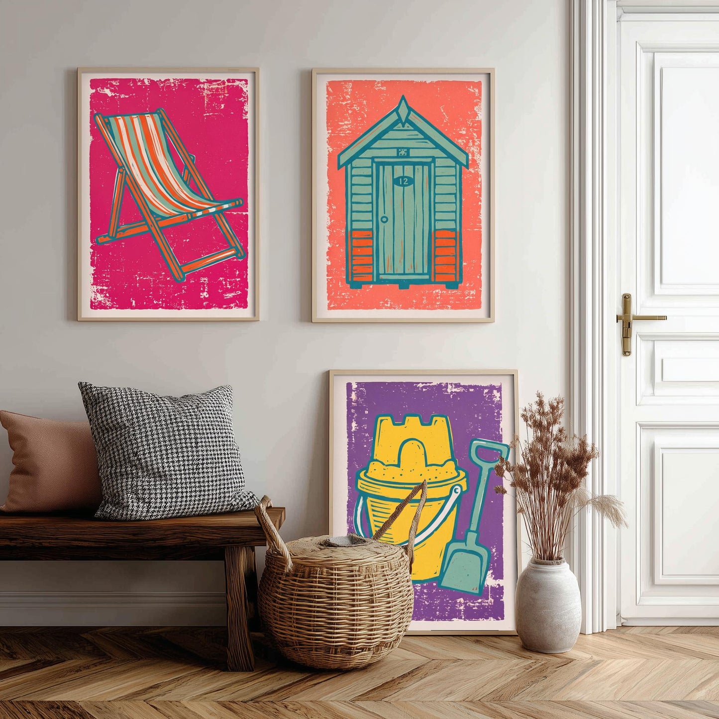 Set of Three British Seaside Art Prints - Deckchair, Beach Hut, Bucket and Spade - Linocut Illustrations - Coastal Triptych Posters V1