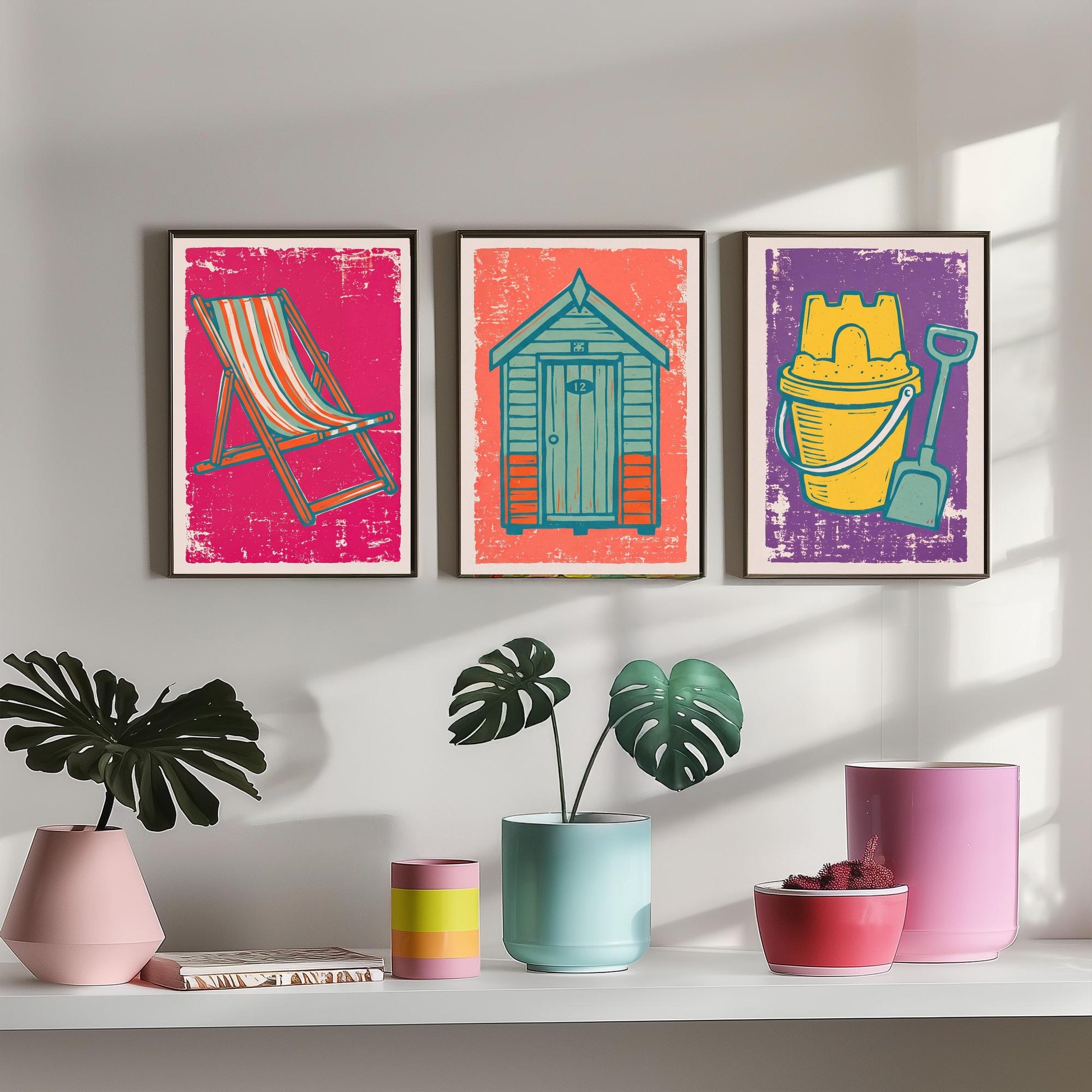 Set of Three British Seaside Art Prints - Deckchair, Beach Hut, Bucket and Spade - Linocut Illustrations - Coastal Triptych Posters V1