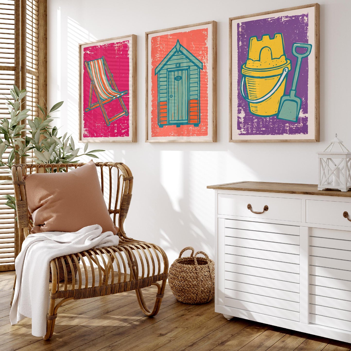 Set of Three British Seaside Art Prints - Deckchair, Beach Hut, Bucket and Spade - Linocut Illustrations - Coastal Triptych Posters V1