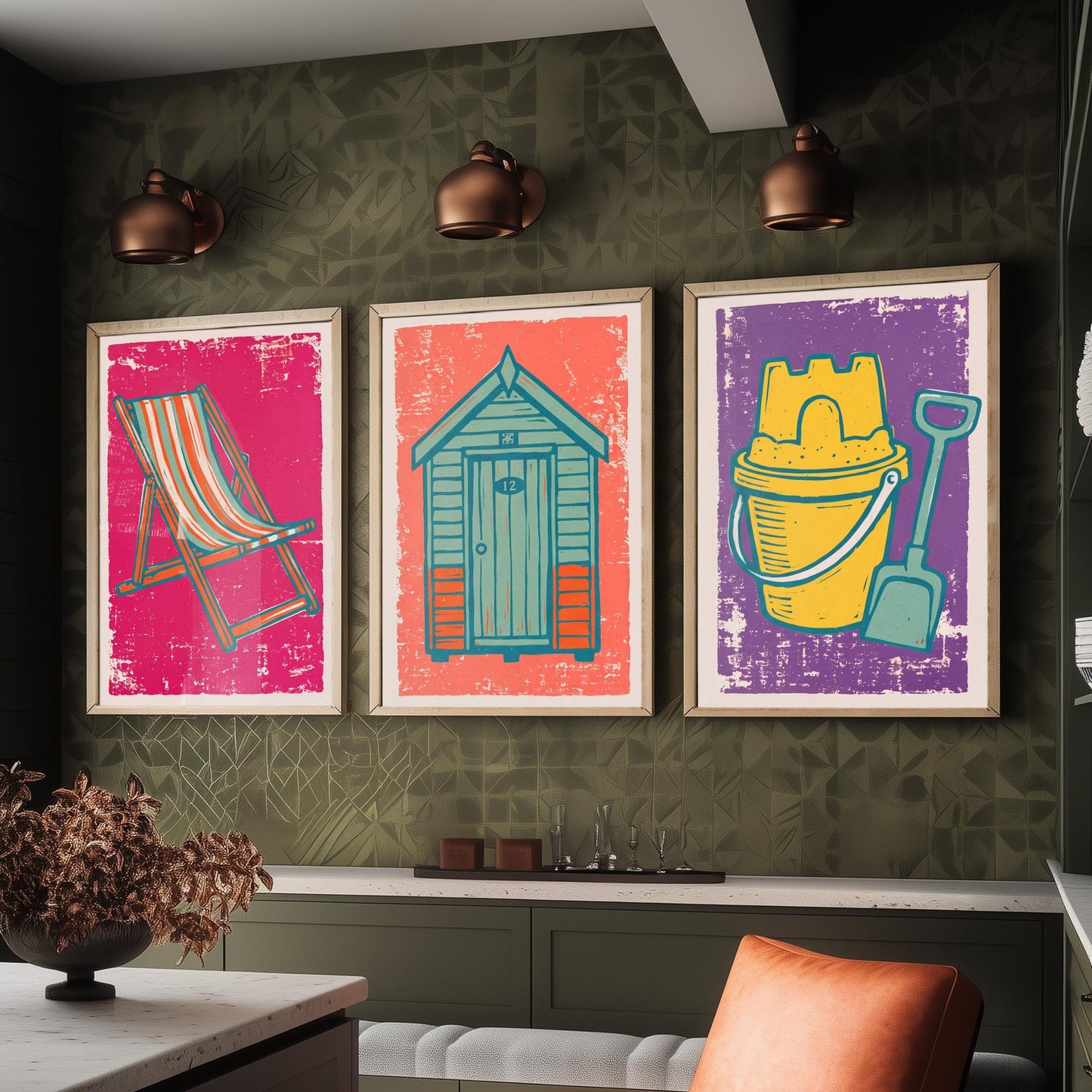 Set of Three British Seaside Art Prints - Deckchair, Beach Hut, Bucket and Spade - Linocut Illustrations - Coastal Triptych Posters V1