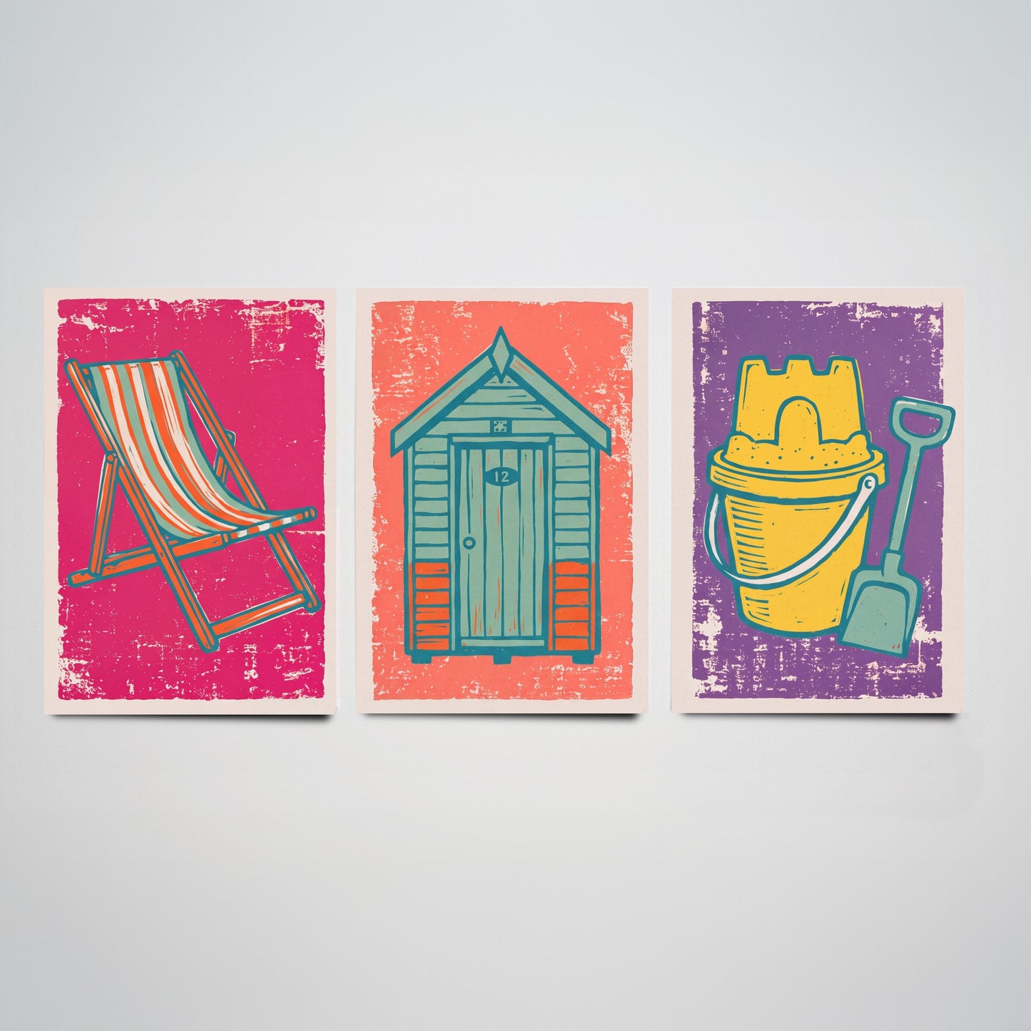 Set of Three British Seaside Art Prints - Deckchair, Beach Hut, Bucket and Spade - Linocut Illustrations - Coastal Triptych Posters V1