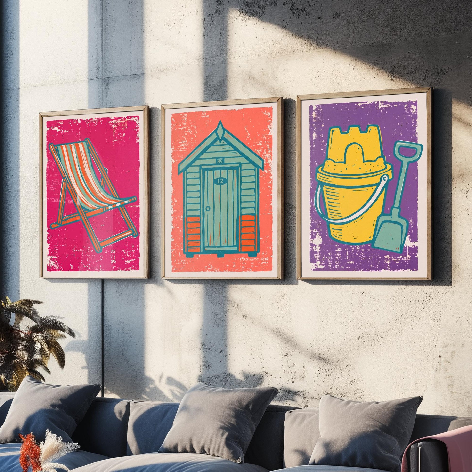 Set of Three British Seaside Art Prints - Deckchair, Beach Hut, Bucket and Spade - Linocut Illustrations - Coastal Triptych Posters V1